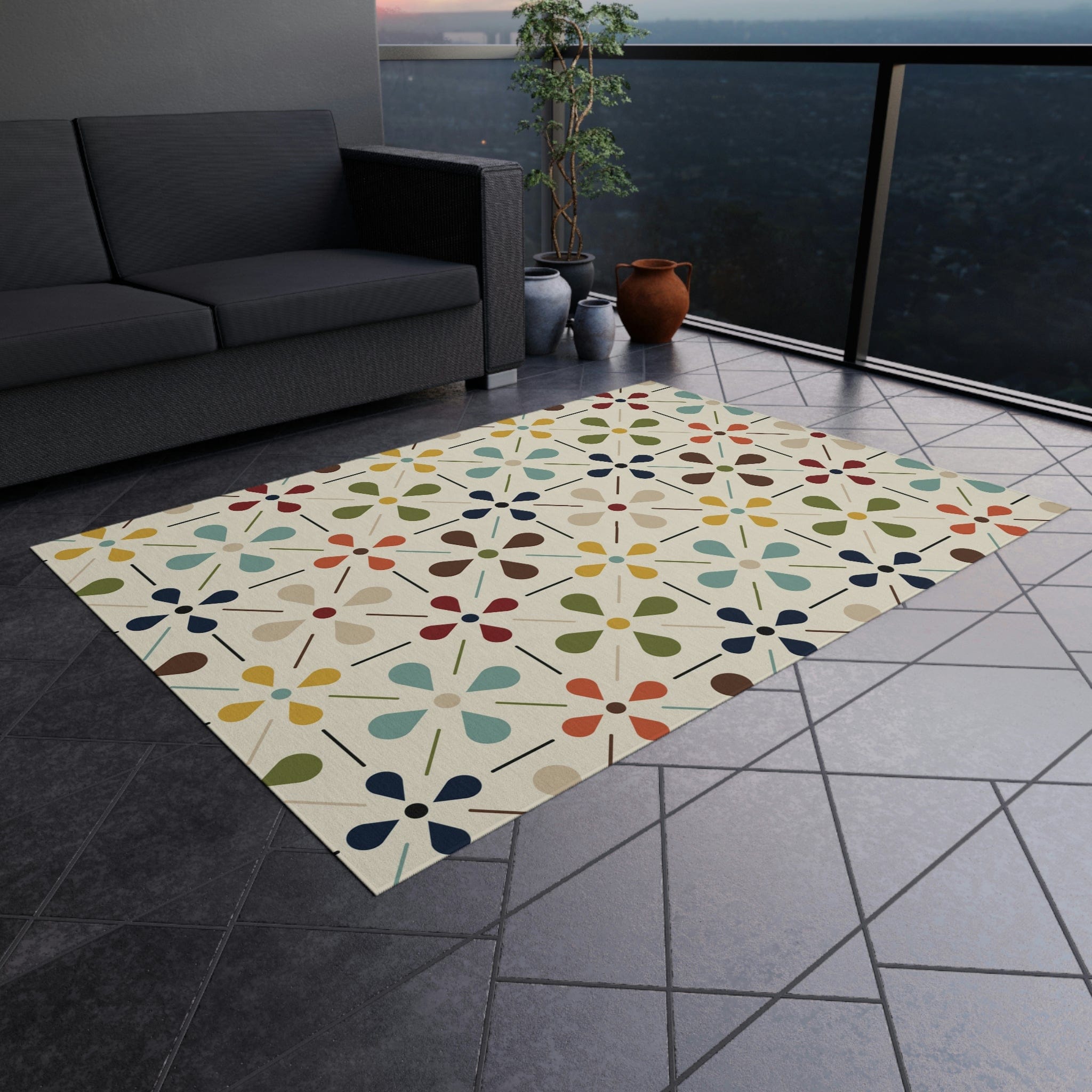 Mid Century Modern, Indoor/Outdoor, Scandinavian Flower, Retro, Orange, Brown, Green, Yellow, Aqua Blue, Outdoor Rug Home Decor