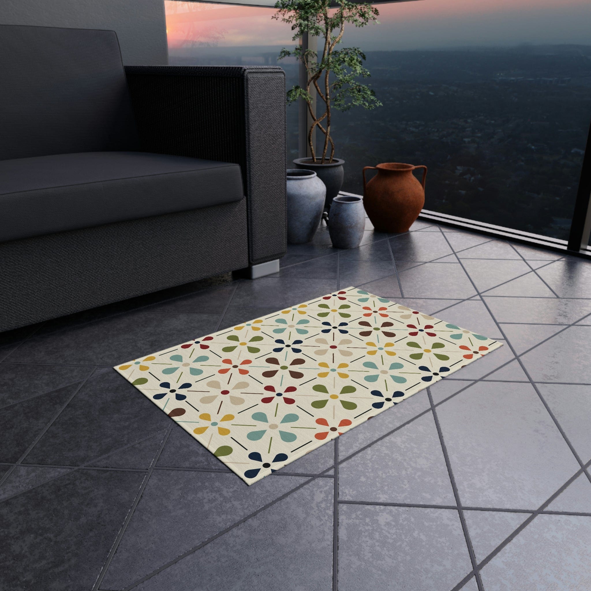 Mid Century Modern, Indoor/Outdoor, Scandinavian Flower, Retro, Orange, Brown, Green, Yellow, Aqua Blue, Outdoor Rug Home Decor