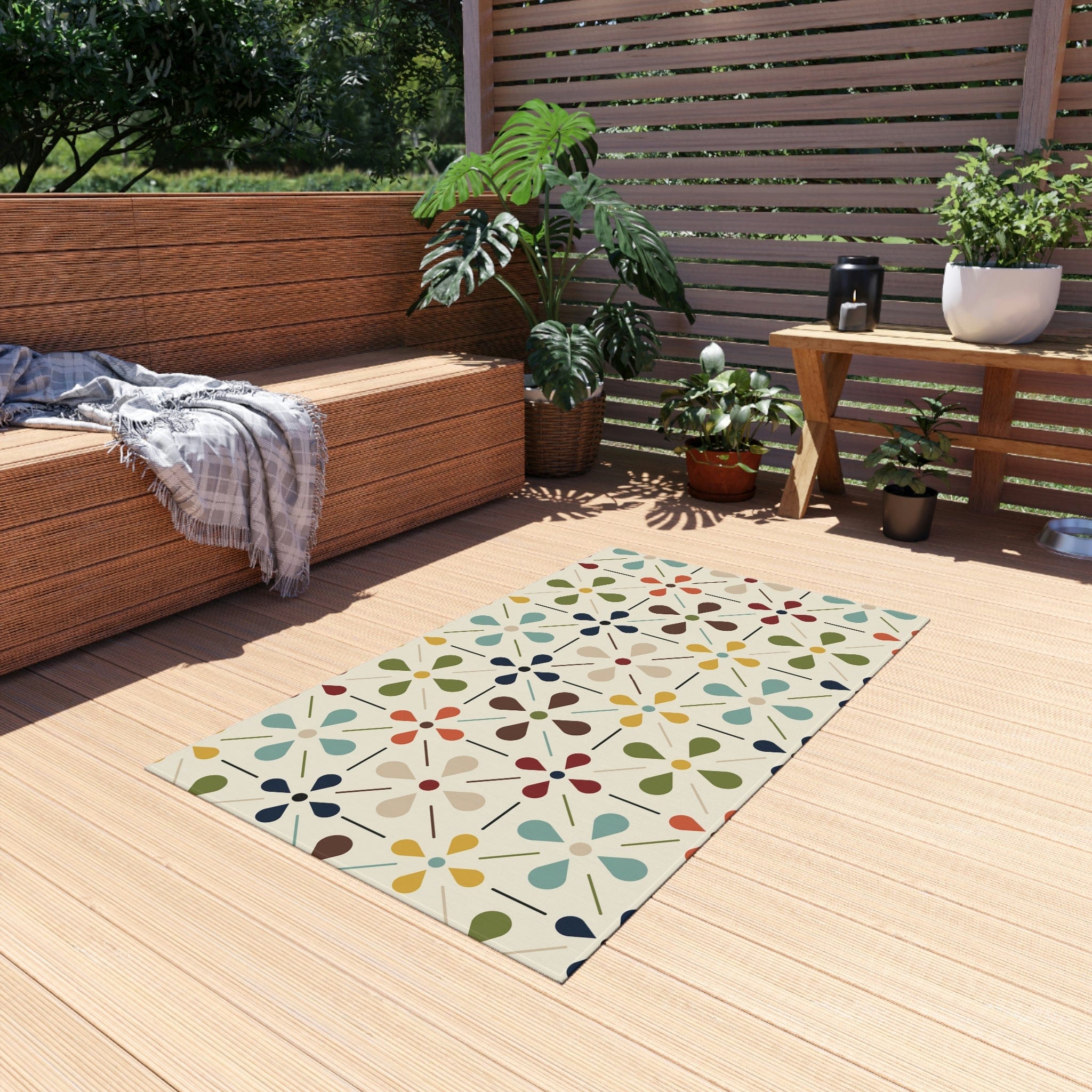 Mid Century Modern, Indoor/Outdoor, Scandinavian Flower, Retro, Orange, Brown, Green, Yellow, Aqua Blue, Outdoor Rug Home Decor