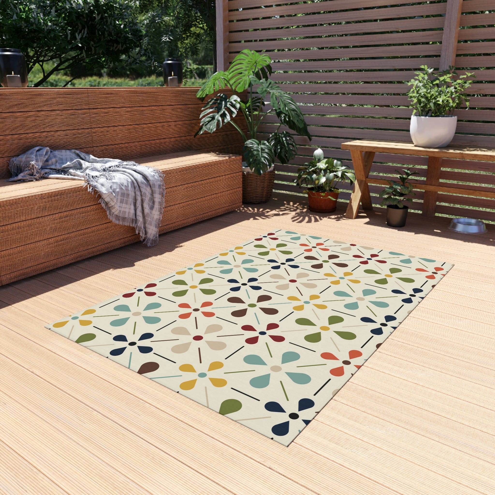 Mid Century Modern, Indoor/Outdoor, Scandinavian Flower, Retro, Orange, Brown, Green, Yellow, Aqua Blue, Outdoor Rug Home Decor