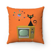 Mid Century Modern Kitschy Atomic Cat, Retro TV, Orange Atomic Clock Mid Mod MCM Home Decor Throw Pillow Home Decor Mid Century Modern Gal