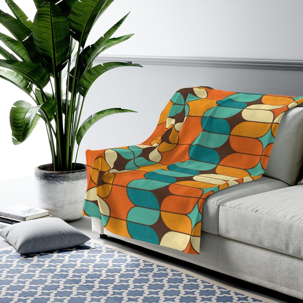 Mid Century Modern Mid Mod, MCM Retro Orange, Teal Cream, Mustard, Groovy THIN Velveteen Plush Blanket All Over Prints