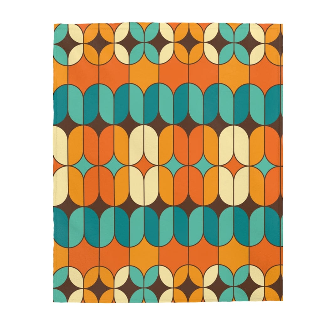 Mid Century Modern Mid Mod, MCM Retro Orange, Teal Cream, Mustard, Groovy THIN Velveteen Plush Blanket All Over Prints