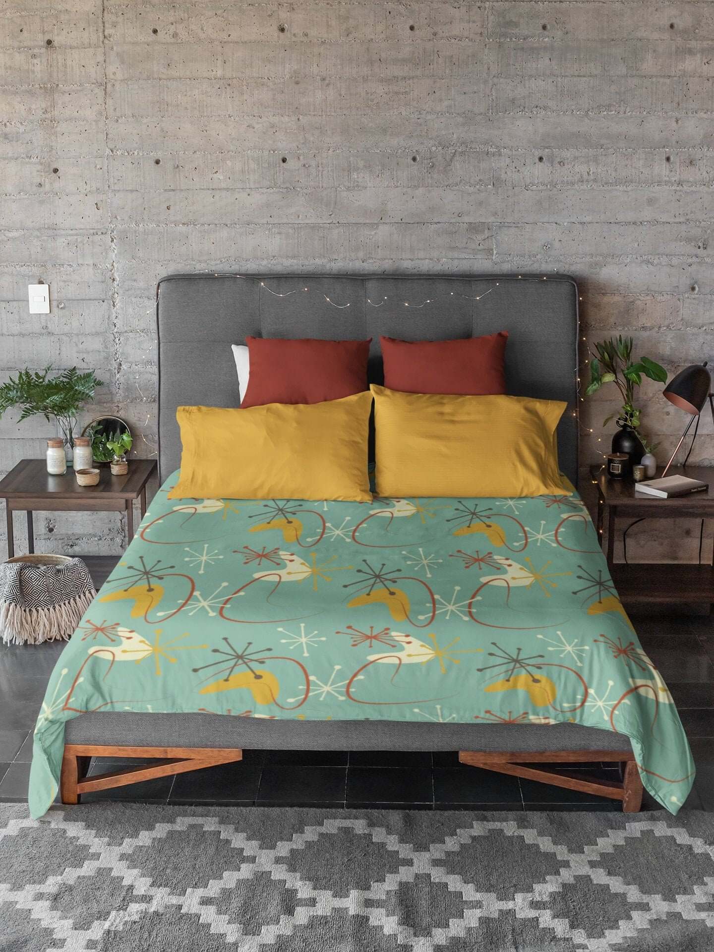 Mid Century Modern Mint Blue Grass Mustard yellow Retro Abstract MCM Home Decor Microfiber Duvet Cover Queen or Twin
