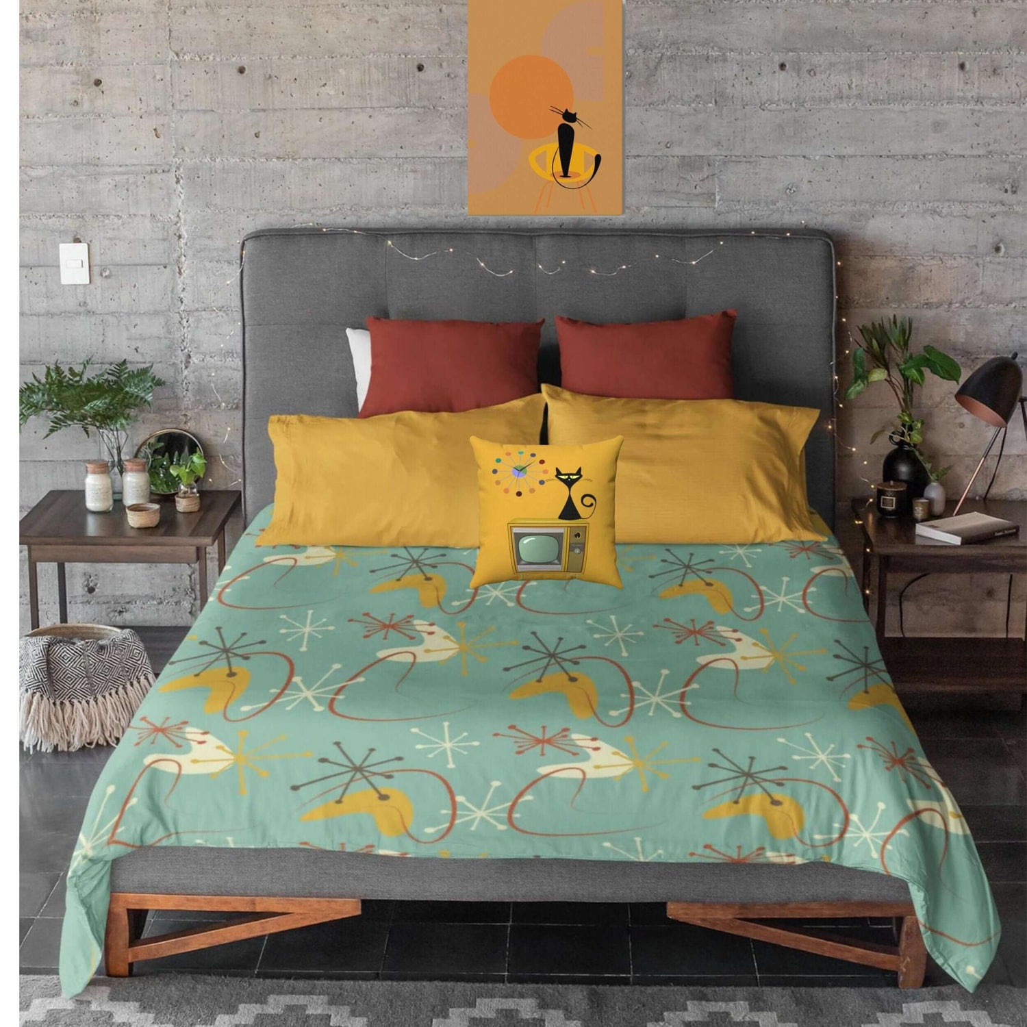 Mid Century Modern Mint Blue Grass  Mustard yellow Retro Abstract MCM Home Decor Microfiber Duvet Cover Queen or Twin