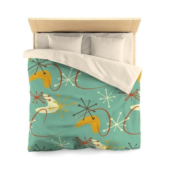 Mid Century Modern Mint Blue Grass Mustard yellow Retro Abstract MCM Home Decor Microfiber Duvet Cover Queen or Twin