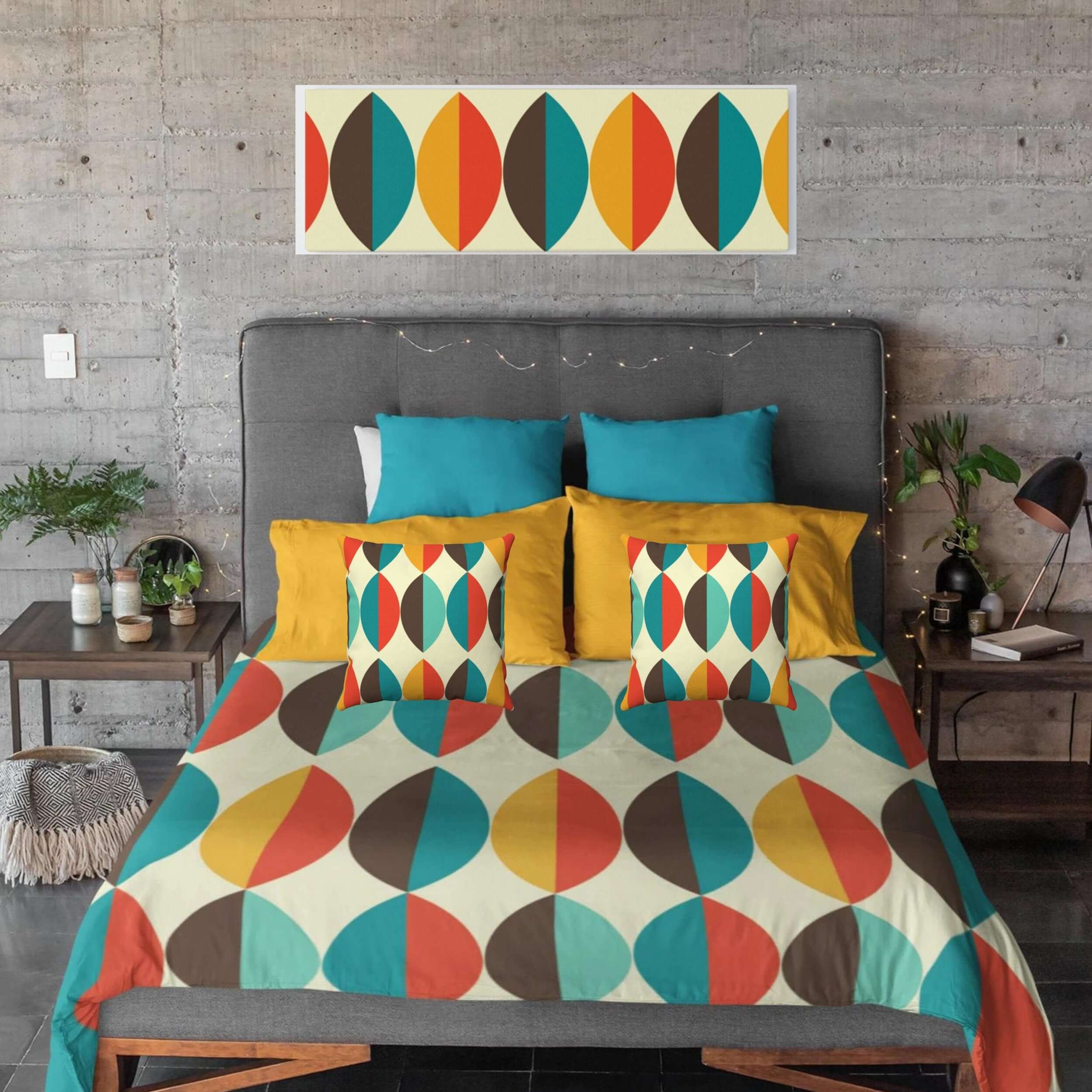 Mid Century Modern Multicolor Brown, Teal, Orange, Mustard Microfiber Duvet Cover Queen or Twin