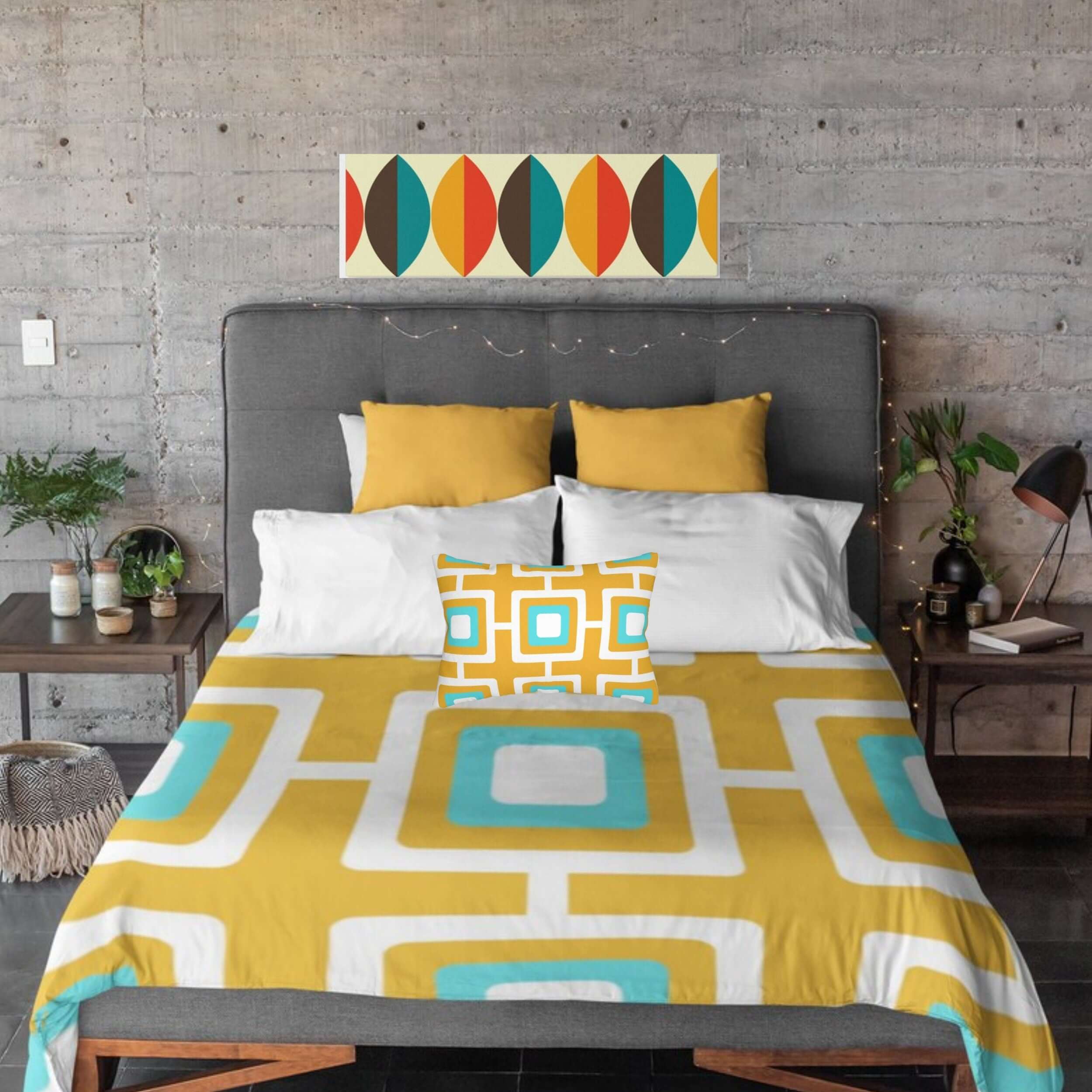 Mid Century Modern Mustard and Turquoise Geometric Retro MCM Home Microfiber Queen Or Twin Size Duvet Cover