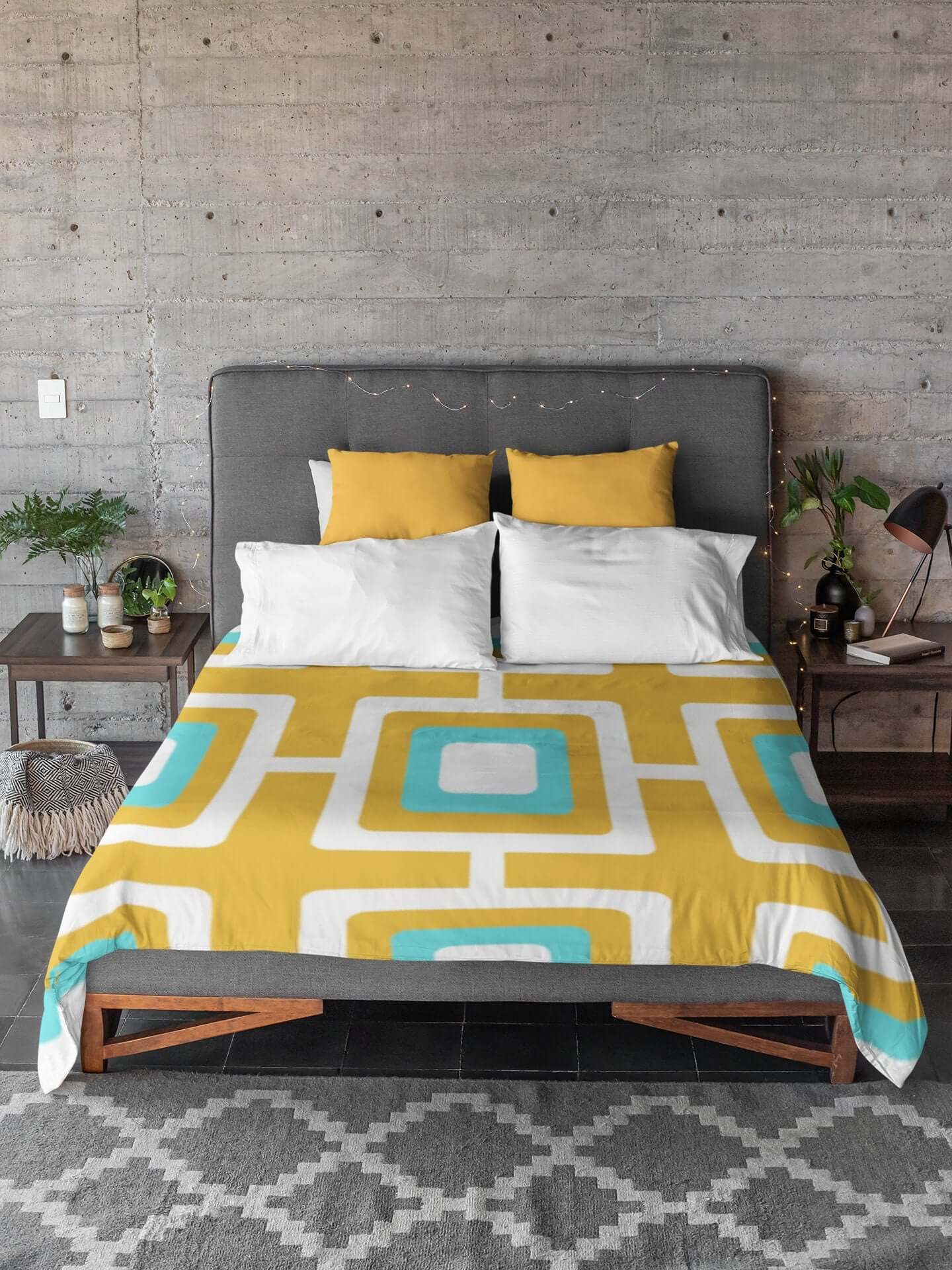 Mid Century Modern Mustard and Turquoise Geometric Retro MCM Home Microfiber Queen Or Twin Size Duvet Cover