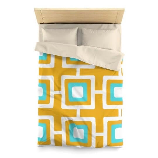Mid Century Modern Mustard and Turquoise Geometric Retro MCM Home Microfiber Queen Or Twin Size Duvet Cover