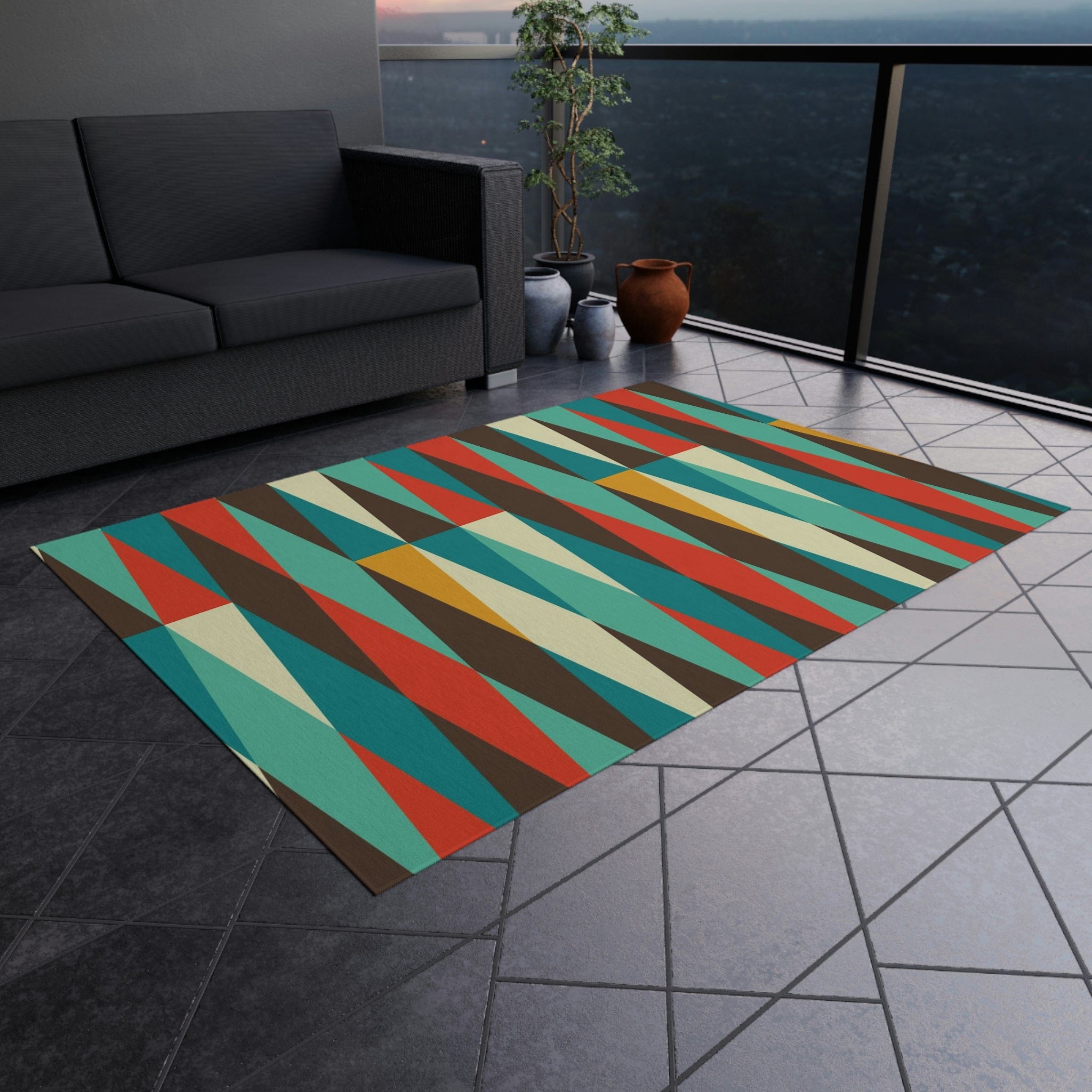 Mid Century Modern Outdoor, Indoor Geometric, Chocolate Brown, Mustard Yellow, Burnt Orange, Retro Patio, Weather Resistant Outdoor Rug Home Decor