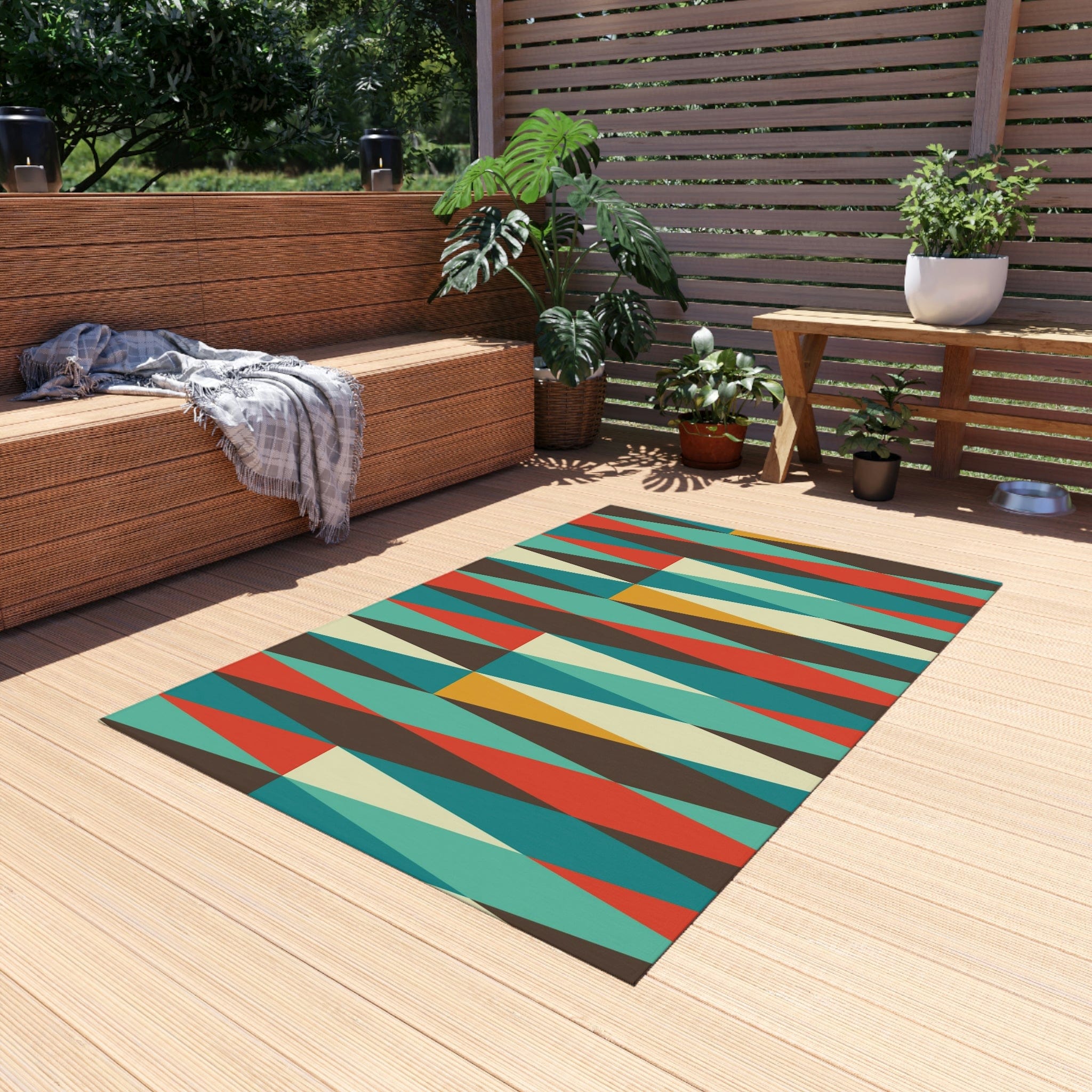 Mid Century Modern Outdoor, Indoor Geometric, Chocolate Brown, Mustard Yellow, Burnt Orange, Retro Patio, Weather Resistant Outdoor Rug Home Decor