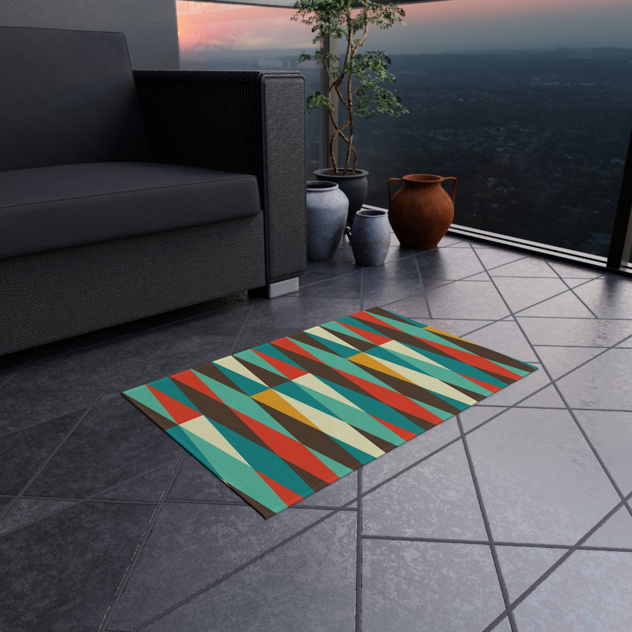 Mid Century Modern Outdoor, Indoor Geometric, Chocolate Brown, Mustard Yellow, Burnt Orange, Retro Patio, Weather Resistant Outdoor Rug Home Decor