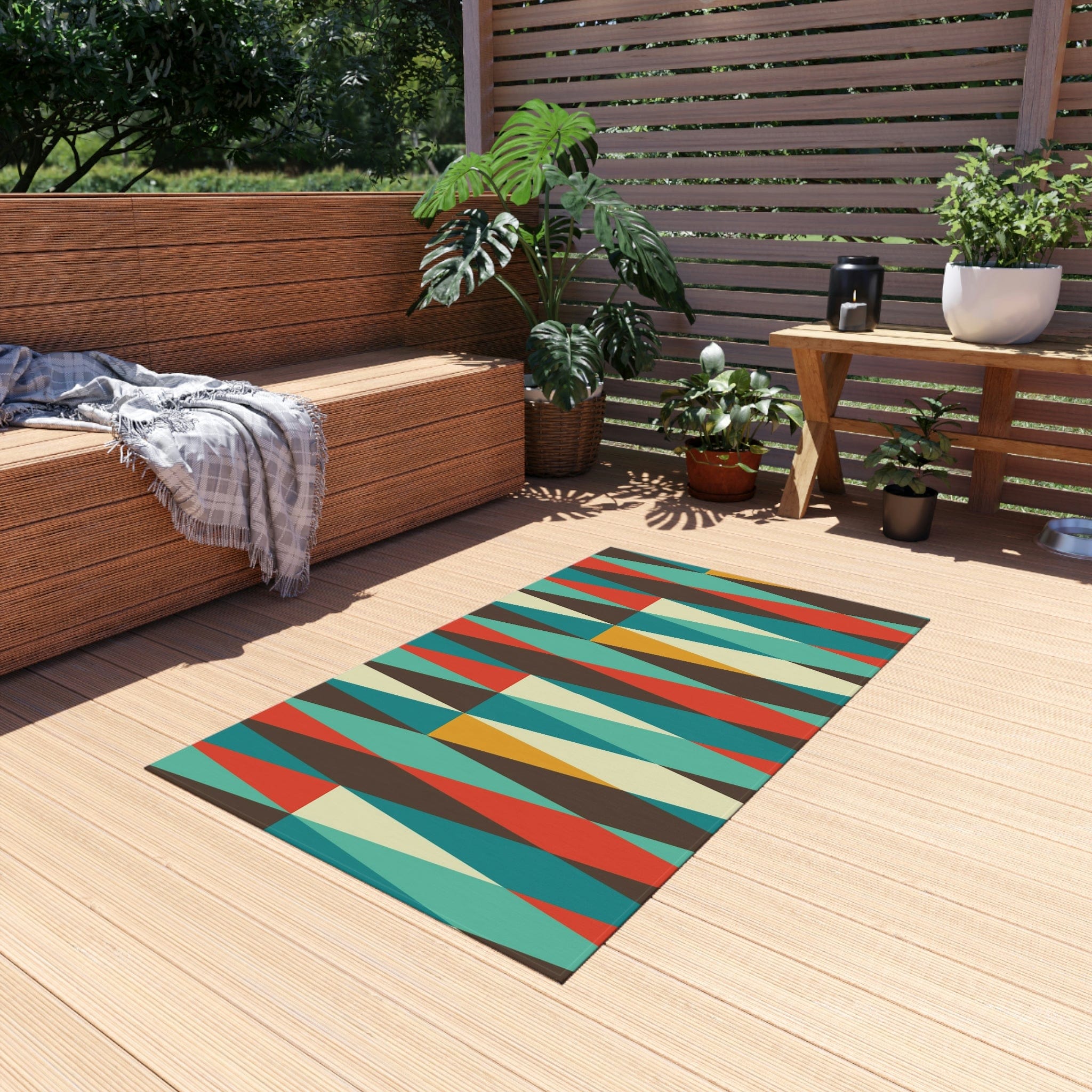 Mid Century Modern Outdoor, Indoor Geometric, Chocolate Brown, Mustard Yellow, Burnt Orange, Retro Patio, Weather Resistant Outdoor Rug Home Decor