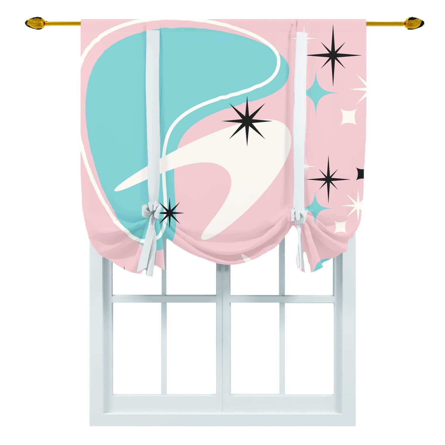 Mid Century Modern Pink Atomic, Aqua Blue, White, Black, Starburst, MCM Mid MOD Tie Up curtain Curtains