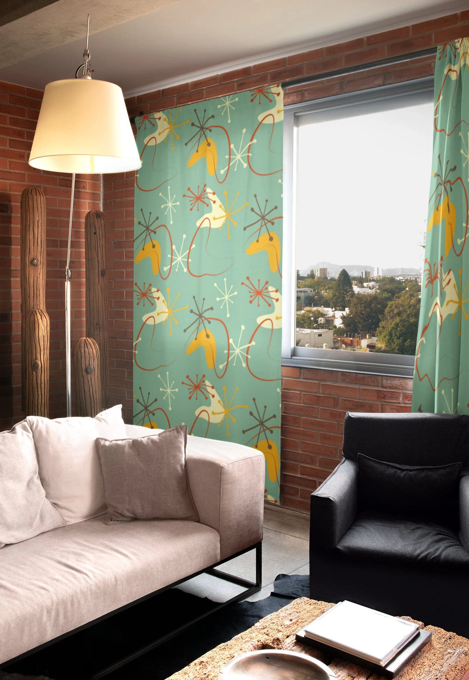 Mid Century Modern, Retro Atomic, Boomerang Green, Mid Mod Curtain Panels Sheer Or Blackout