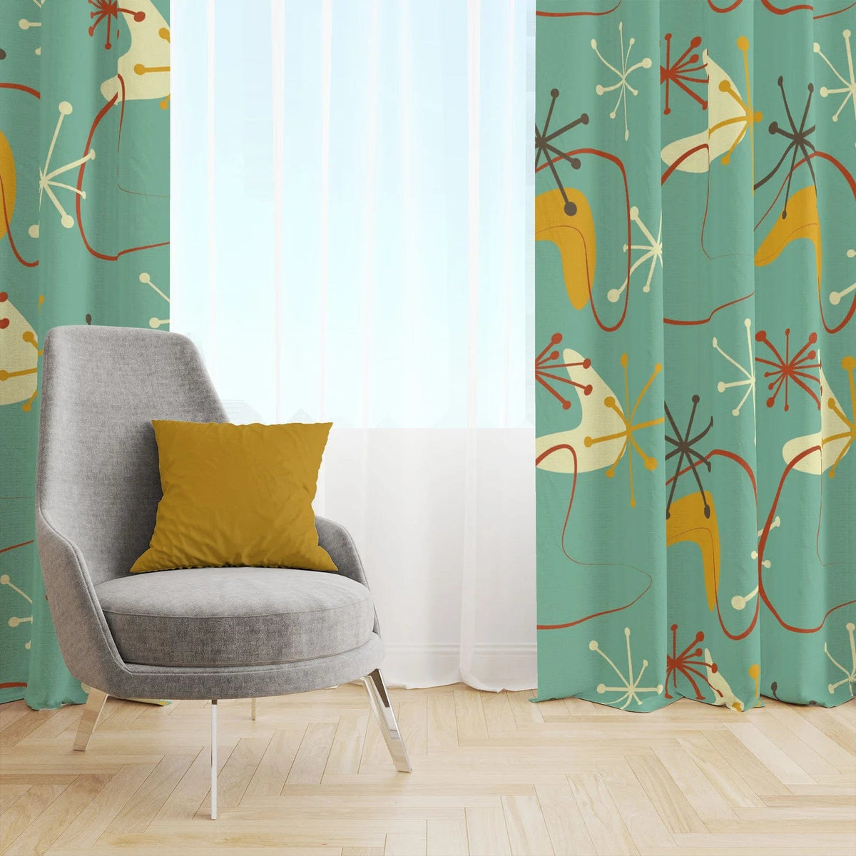 Mid Century Modern, Retro Atomic, Boomerang Green, Mid Mod Curtain Panels Sheer Or Blackout