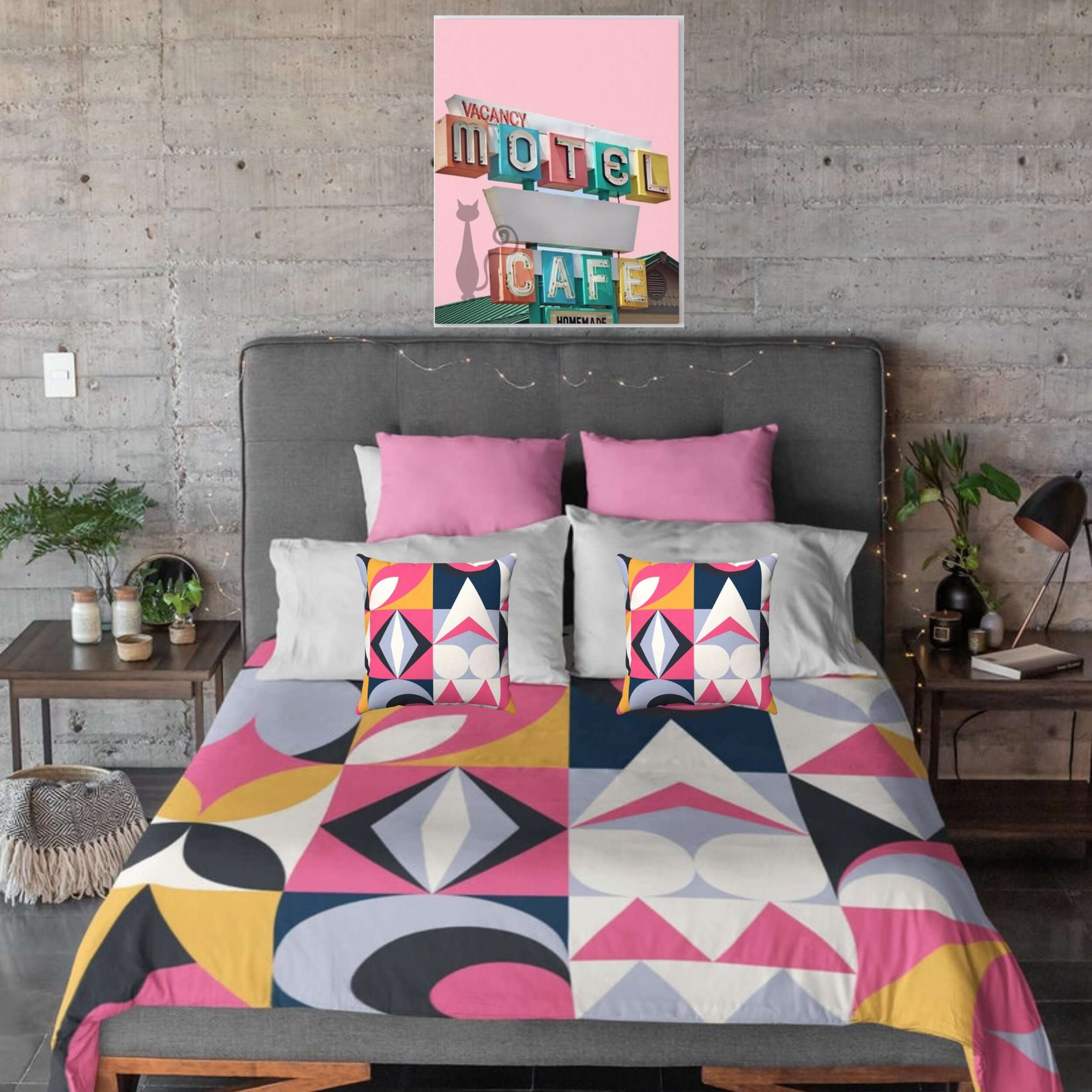 Mid Century Modern Retro Bubble Gum Pink Royal Blue and Ice Gray Microfiber Duvet Cover