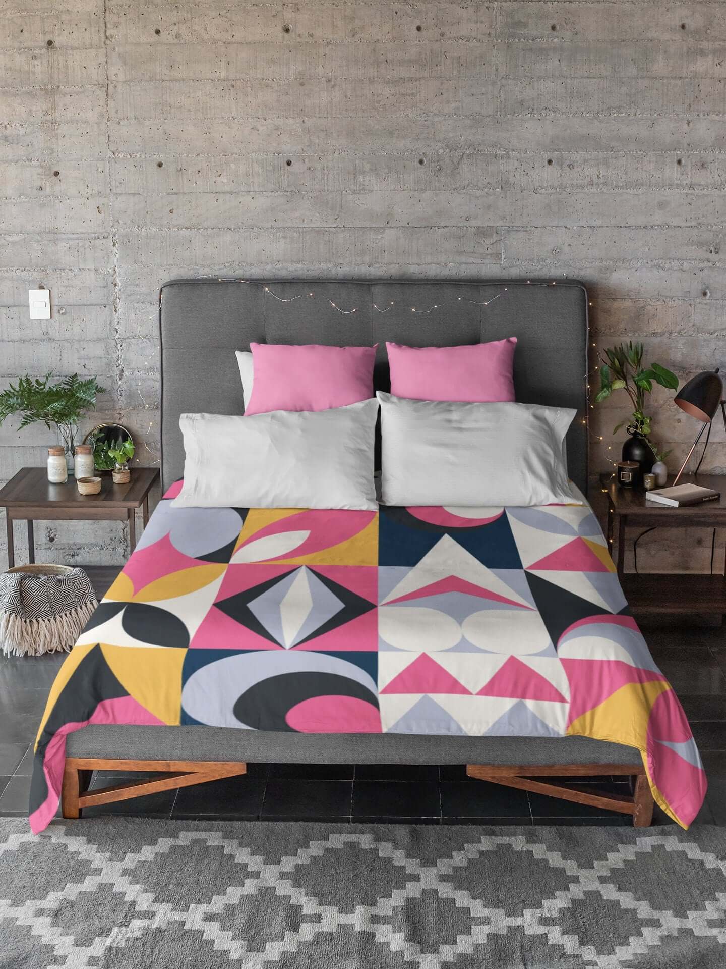 Mid Century Modern Retro Bubble Gum Pink Royal Blue and Ice Gray Microfiber Duvet Cover