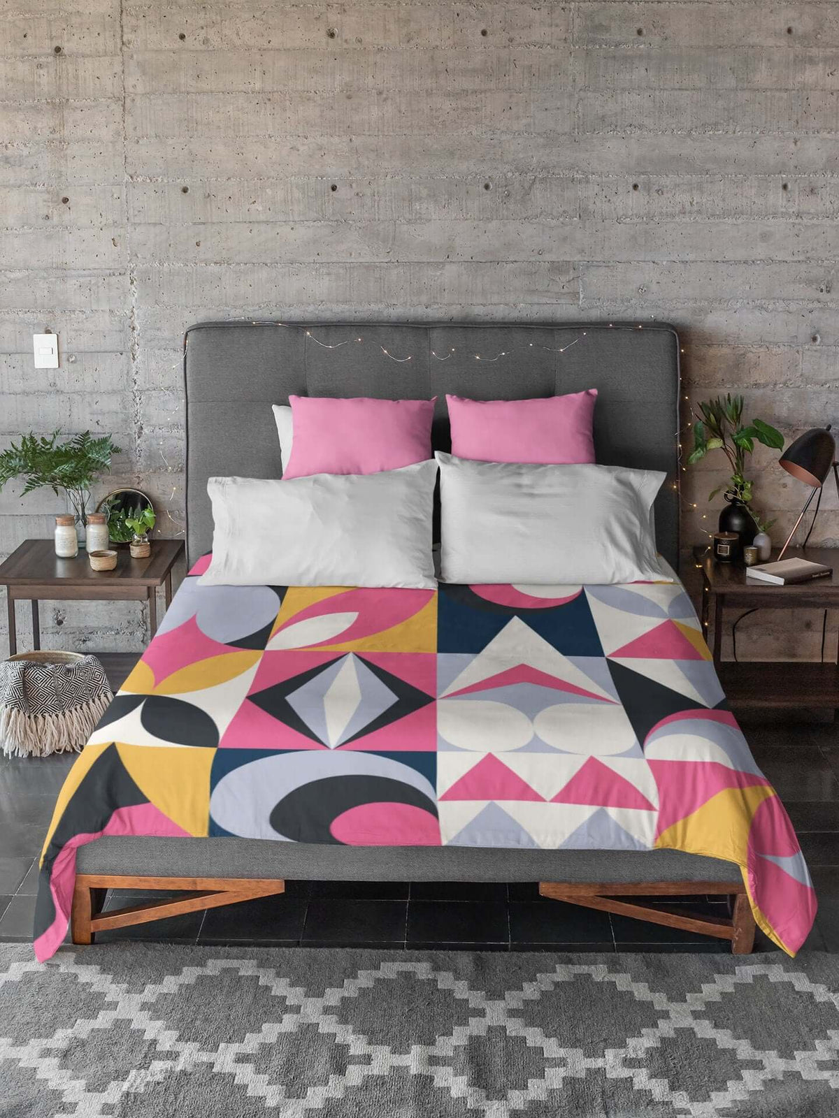 Mid Century Modern Retro Bubble Gum Pink Royal Blue and Ice Gray Microfiber Duvet Cover