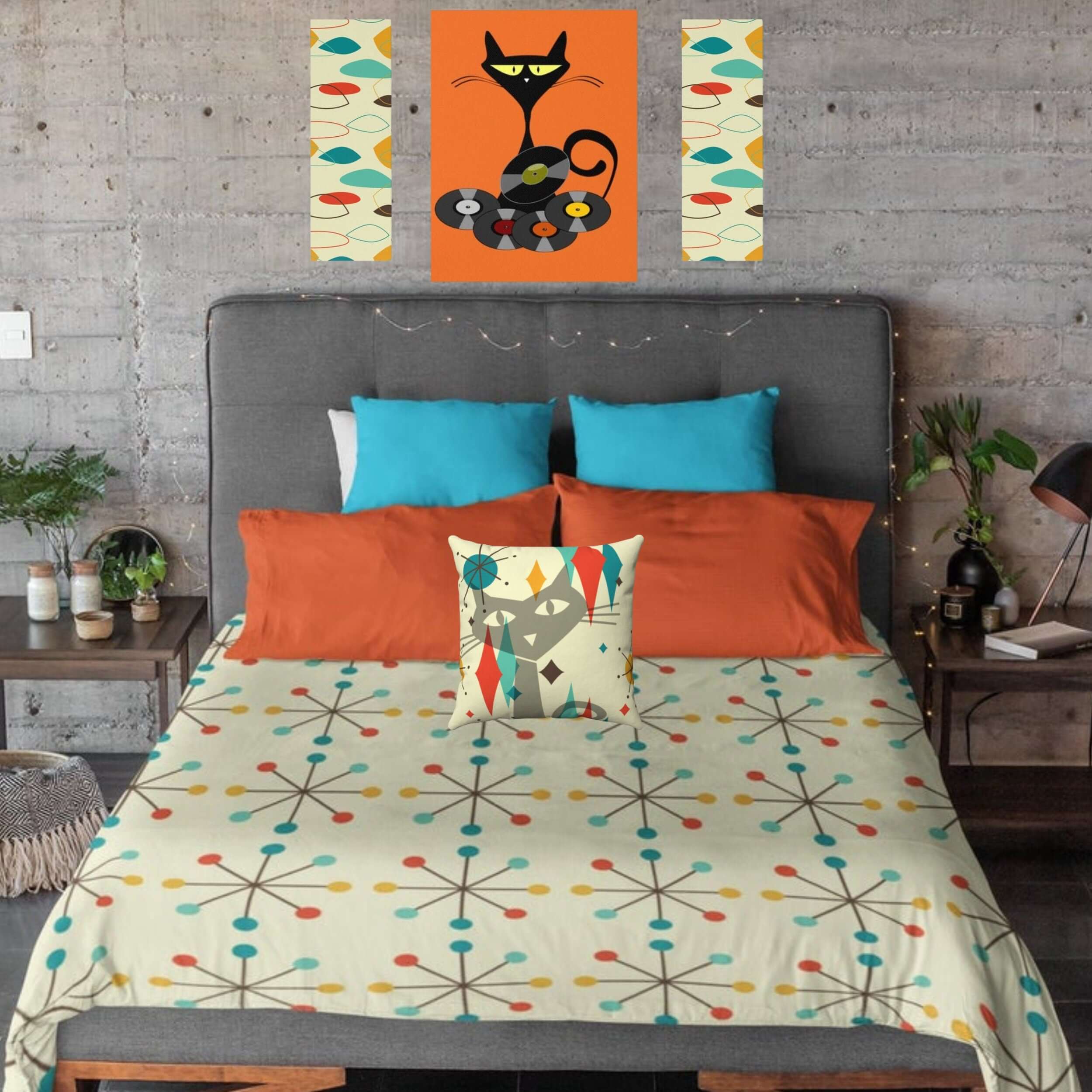 Mid Century Modern Retro Clock Cream Teal Mustard and Burnt Orange Microfiber Duvet Cover