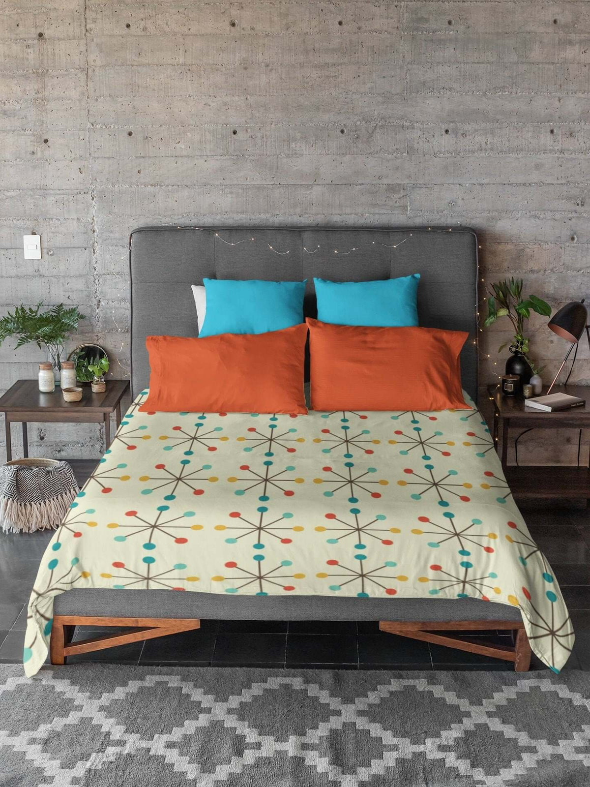 Mid Century Modern Retro Clock Cream Teal Mustard and Burnt Orange Microfiber Duvet Cover