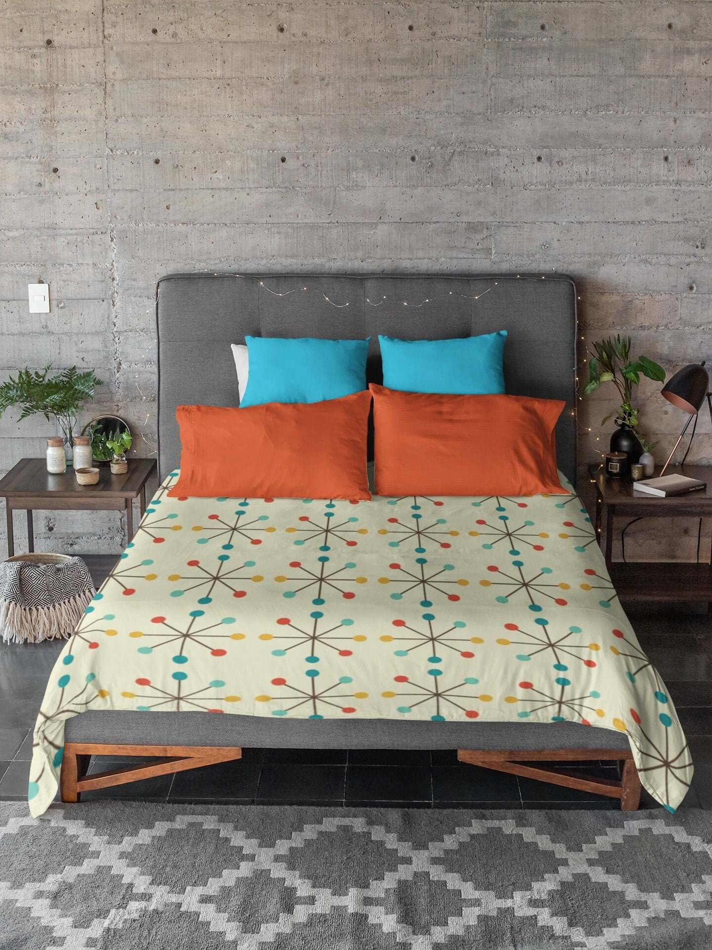 Mid Century Modern Retro Clock Cream Teal Mustard and Burnt Orange Microfiber Duvet Cover