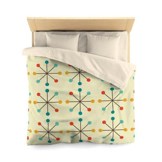 Mid Century Modern Retro Clock Cream Teal Mustard and Burnt Orange Microfiber Duvet Cover