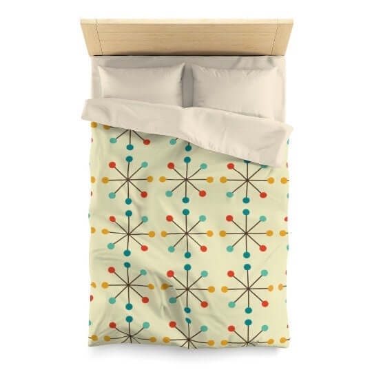 Mid Century Modern Retro Clock Cream Teal Mustard and Burnt Orange Microfiber Duvet Cover
