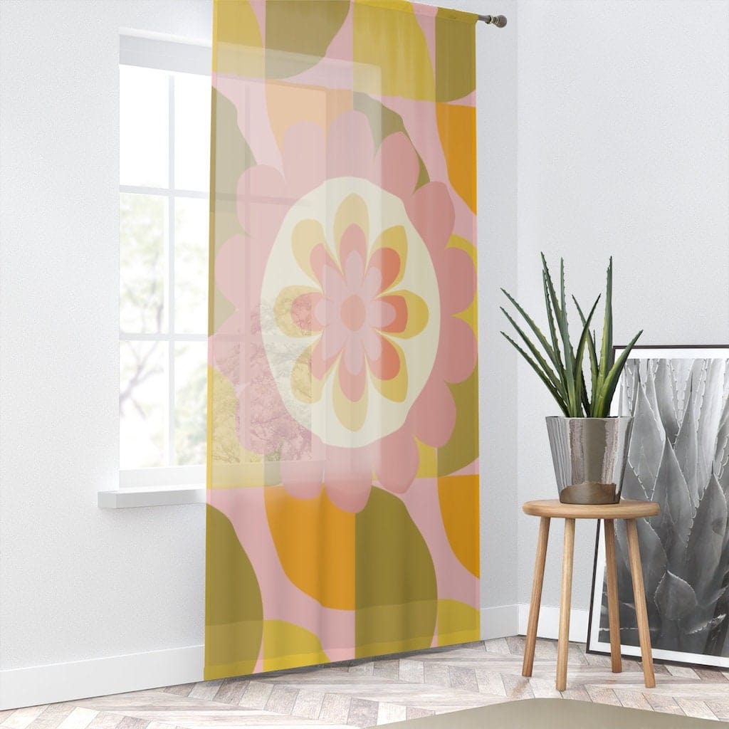 Mid Century Modern, Retro Curtains, 1970's Groovy, Green, Pink, Geometric Flower Power, Hippie Window Curtains