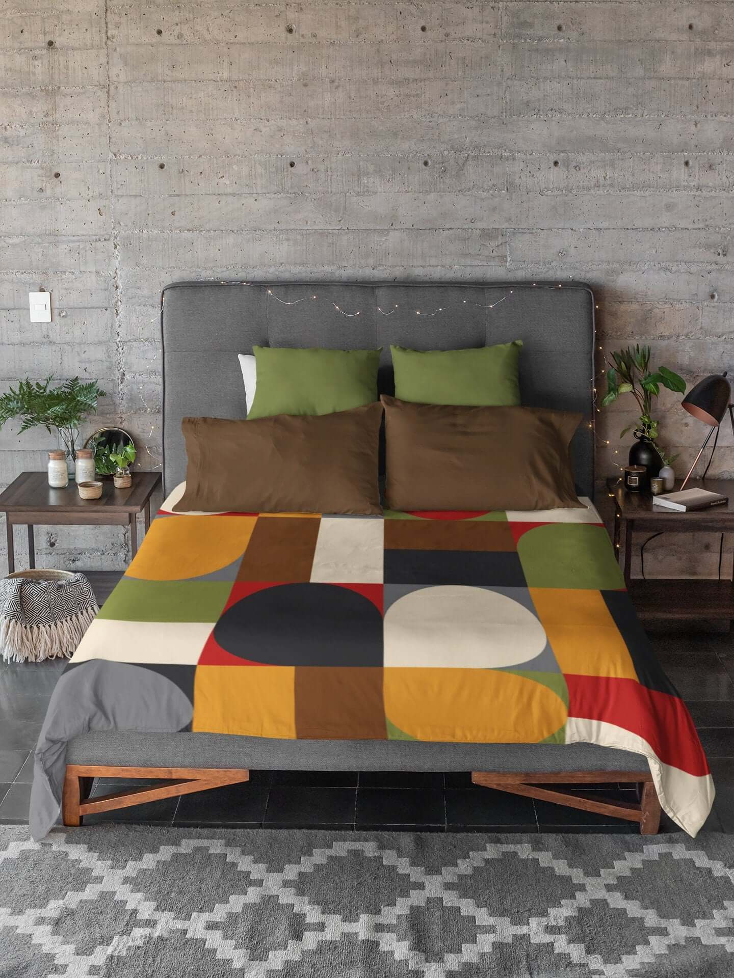 Mid Century Modern Retro Geometric Abstract Red, Gray, Black, Mustard Yellow, Brown,Green Microfiber Duvet Cover