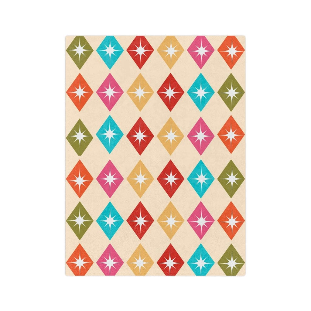 Mid Century Modern, Retro Harlequin Diamonds, Hot Pink, Yellow, Orange, Verde Green, Turquoise Blue Beige MCM Velveteen Minky Blanket Home Decor