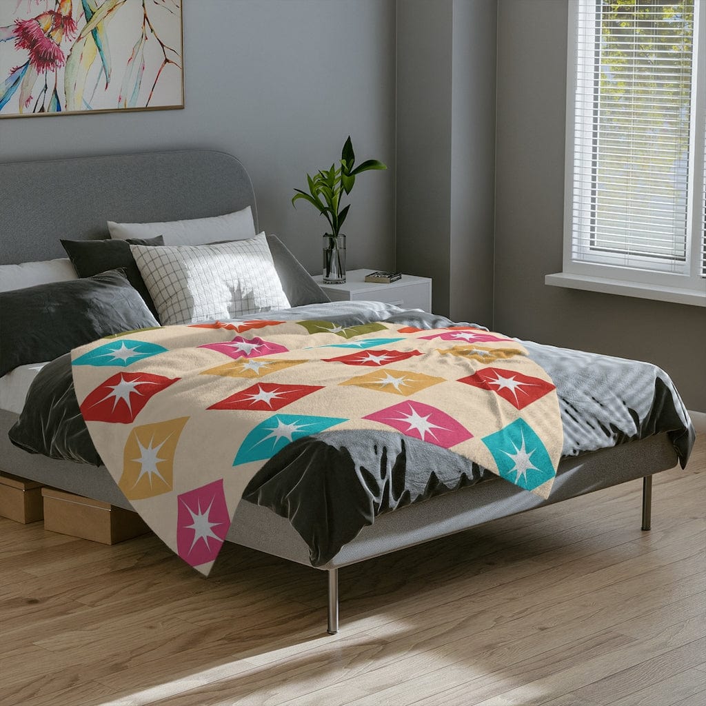 Mid Century Modern, Retro Harlequin Diamonds, Hot Pink, Yellow, Orange, Verde Green, Turquoise Blue Beige MCM Velveteen Minky Blanket Home Decor