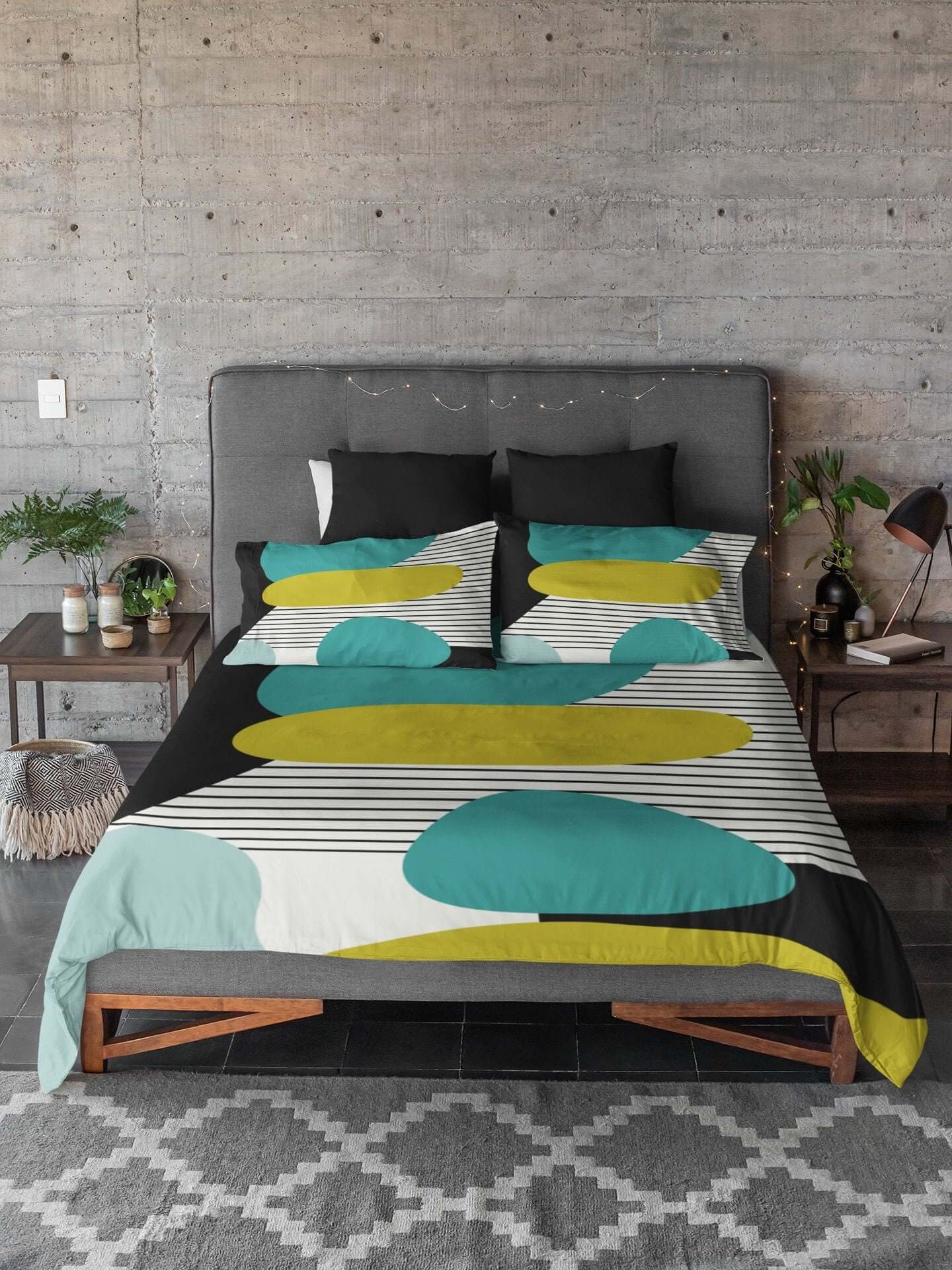 Mid Century Modern Retro MCM Design Abstract Turquoise, Green, Black, Light Blue Microfiber Duvet Cover