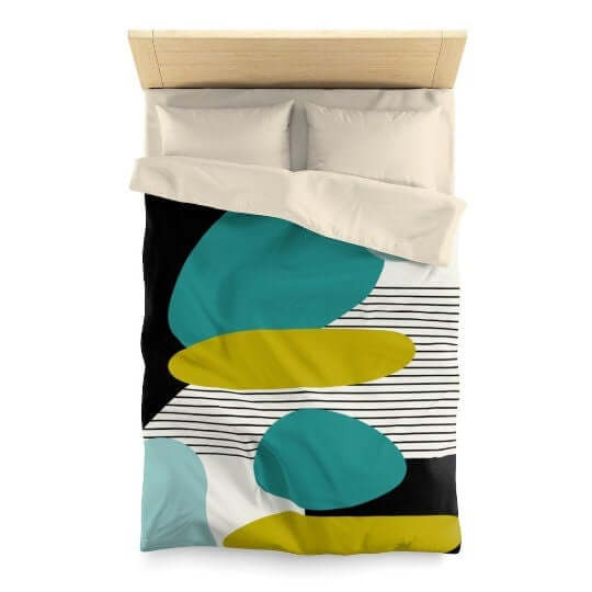 Mid Century Modern Retro MCM Design Abstract Turquoise, Green, Black, Light Blue Microfiber Duvet Cover