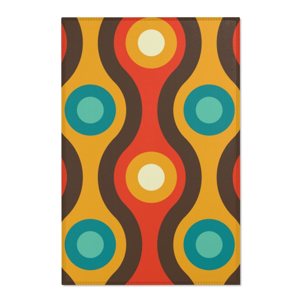 Mid Century Modern Retro Rug, Chocolate Brown, Turquoise Blue, Mustard Yellow Groovy Hipster 1970&