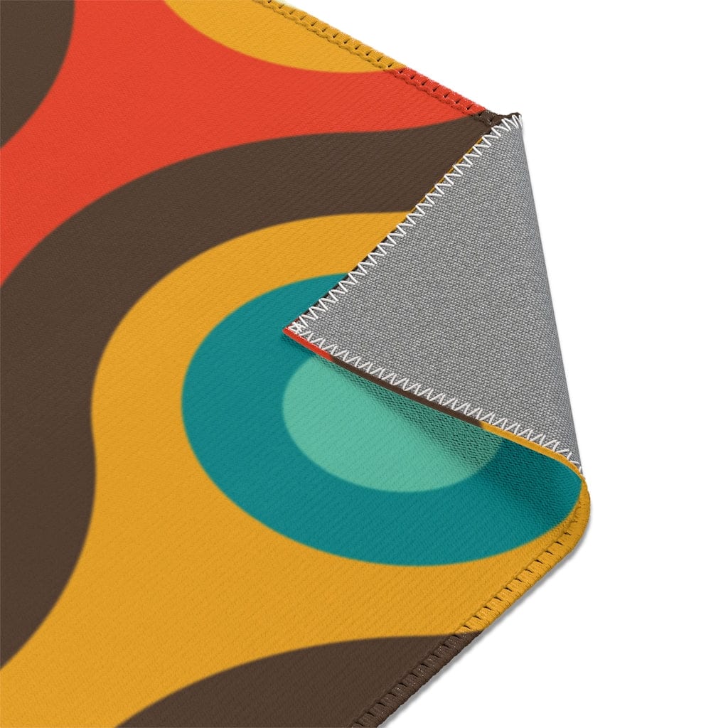 Mid Century Modern Retro Rug, Chocolate Brown, Turquoise Blue, Mustard Yellow Groovy Hipster 1970&