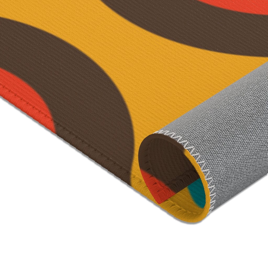 Mid Century Modern Retro Rug, Chocolate Brown, Turquoise Blue, Mustard Yellow Groovy Hipster 1970&