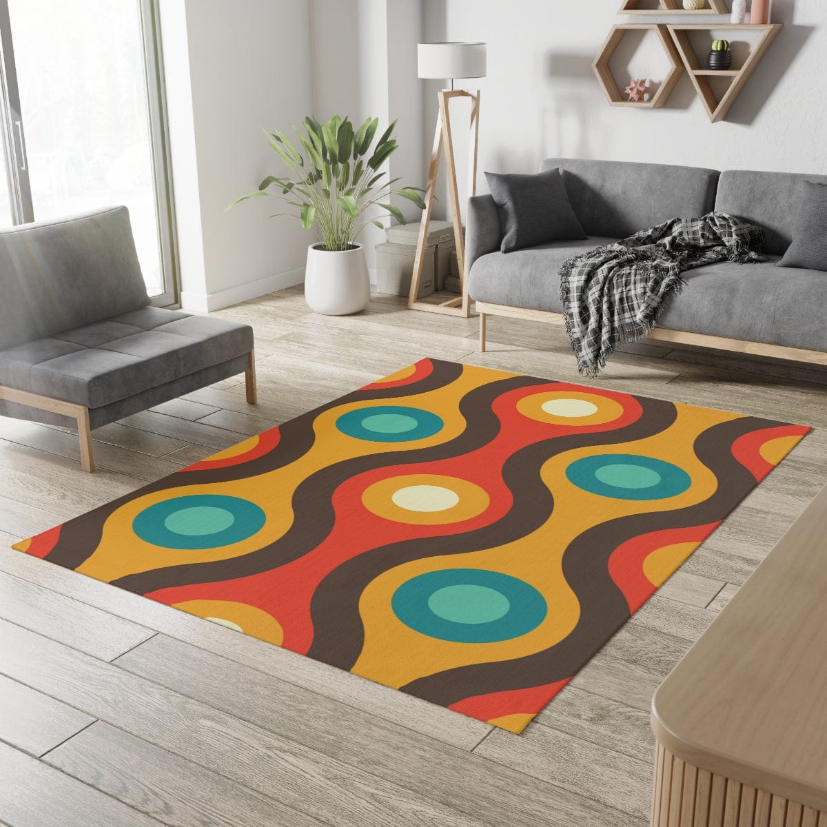Mid Century Modern Retro Rug, Chocolate Brown, Turquoise Blue, Mustard Yellow Groovy Hipster 1970&