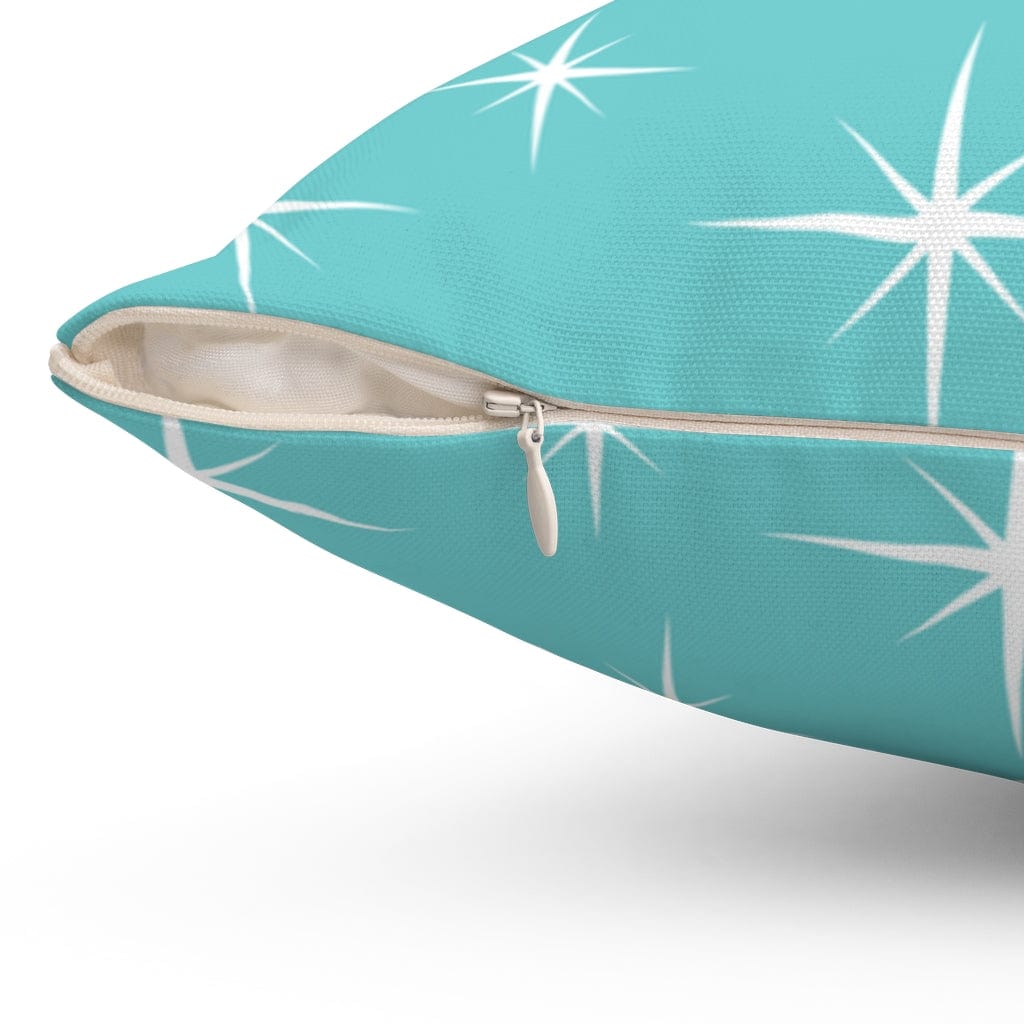 Mid Century Modern Starburst, Aqua Blue, White, Retro Home Decor Spun Polyester Square Pillow Home Decor