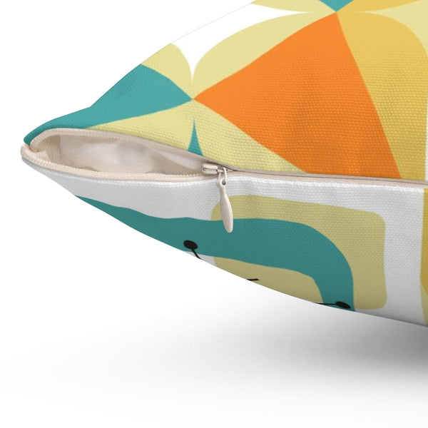 Mid Century Modern Throw Pillow, Geometric, Abstract, Teal Blue, Orange, White, Yellow, Starburst Atomic Retro Pillow And Insert