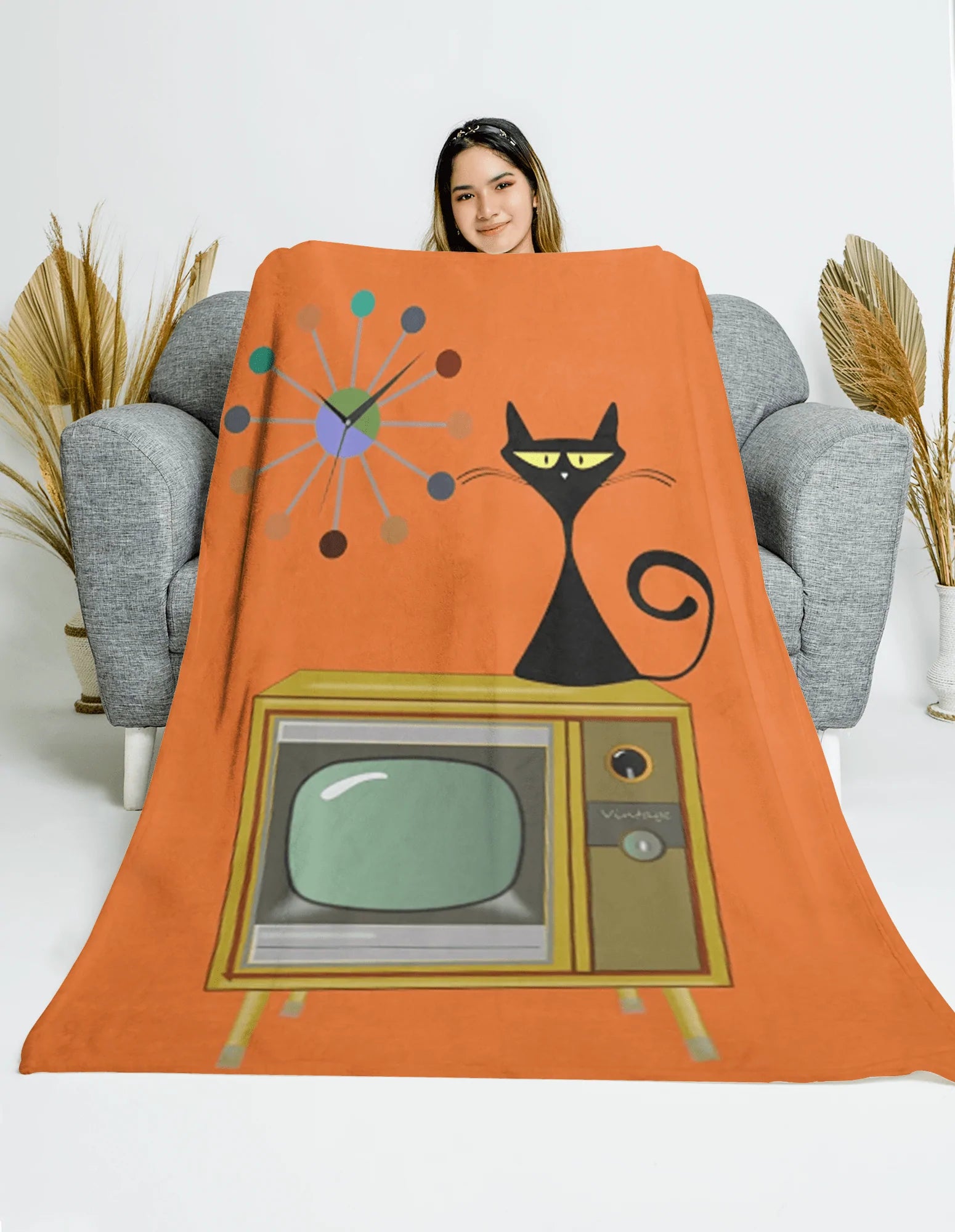 Mid Century Modern TV, Atomic Cat And Retro Starburst Clock THIN Velveteen Throw Blanket All Over Prints