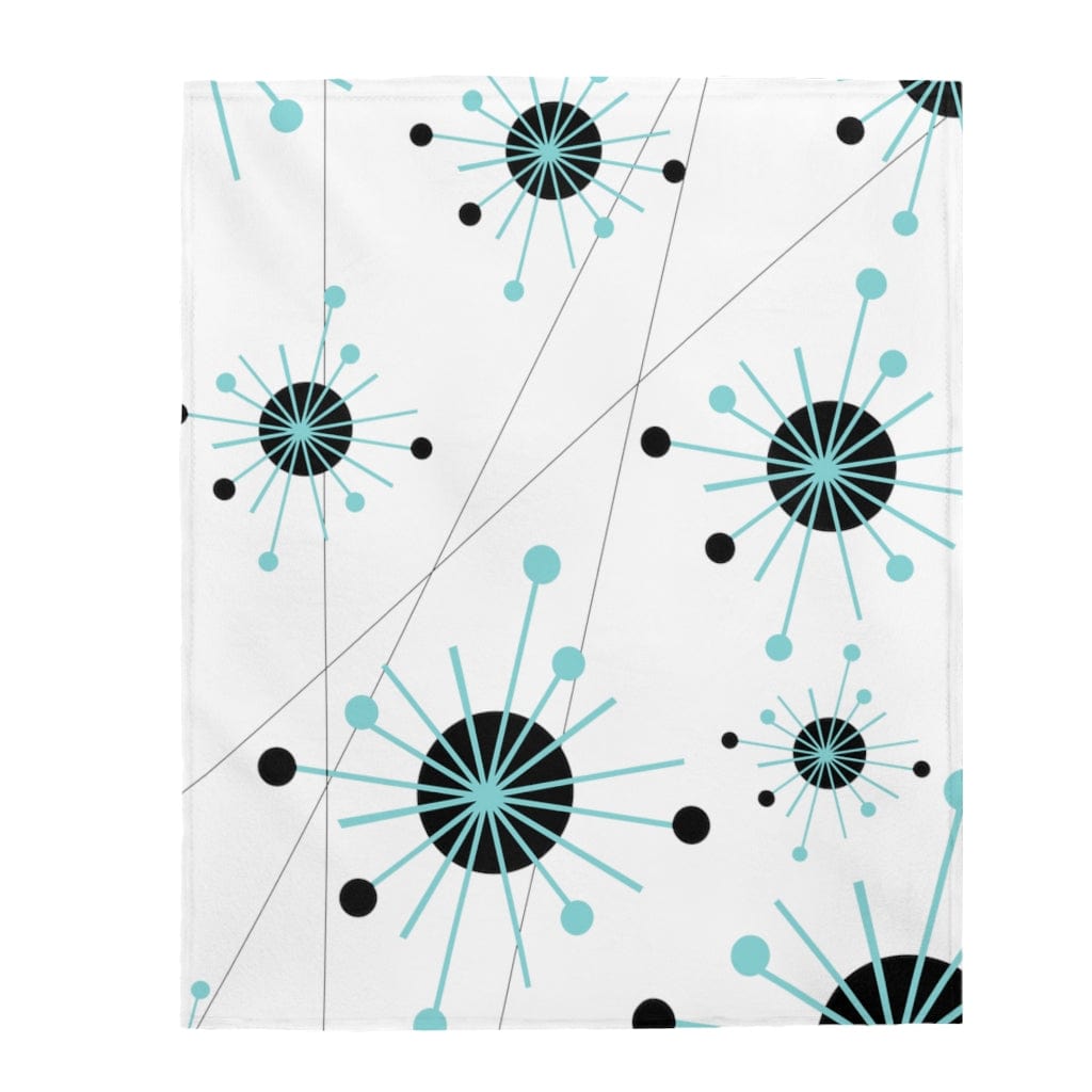 Mid Century Modern White Franciscan Starburst, Aqua, Black THIN MID Mod Vintage Retro Velveteen Plush Blanket All Over Prints