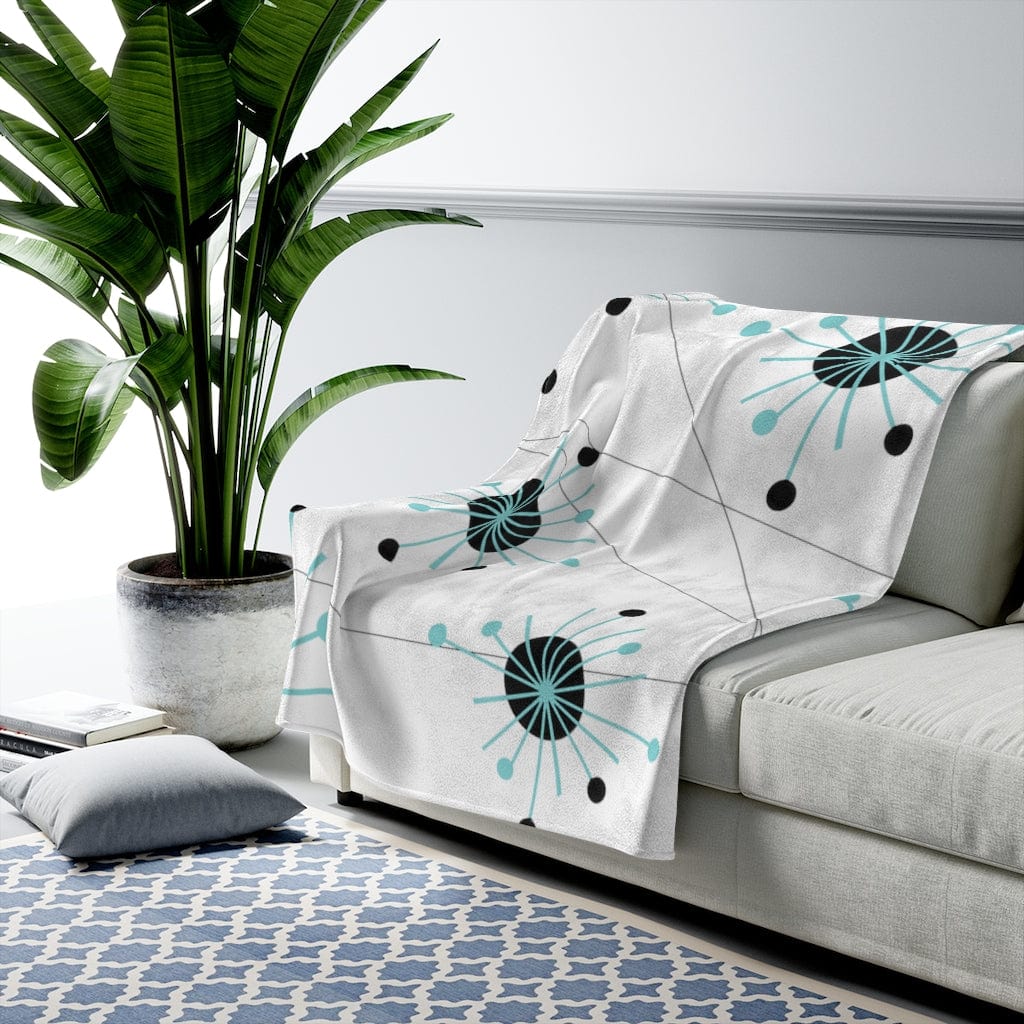 Mid Century Modern White Franciscan Starburst, Aqua, Black THIN MID Mod Vintage Retro Velveteen Plush Blanket All Over Prints