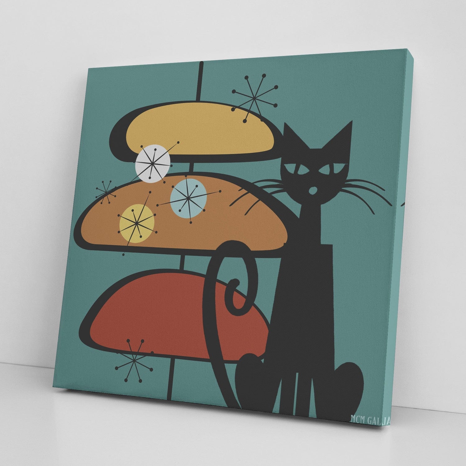 Mid Century Wall Art, Atomic Cat, Teal, Starburst, Sputnik Retro Mod Decor Wall Art