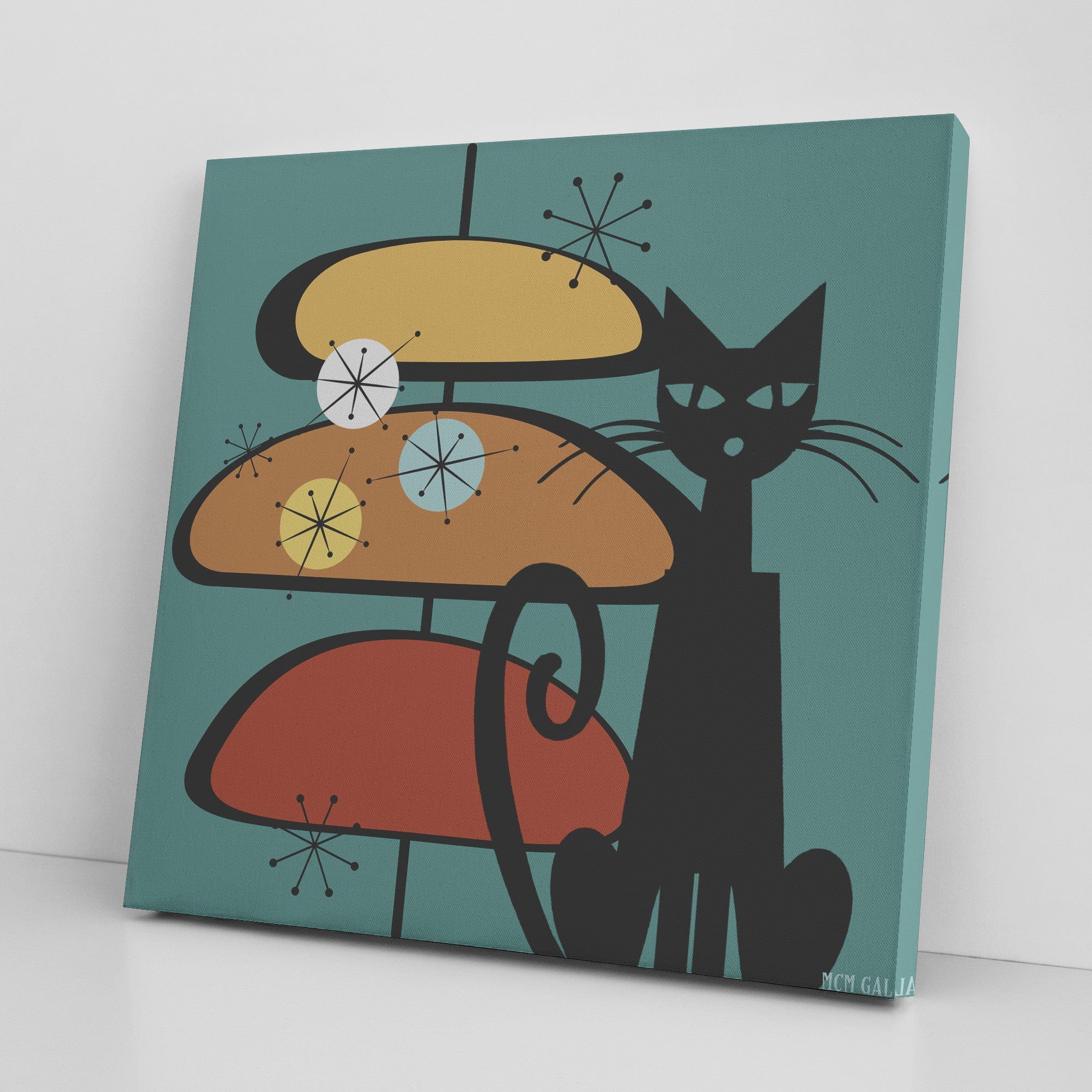 Mid Century Wall Art, Atomic Cat, Teal, Starburst, Sputnik Retro Mod Decor Wall Art
