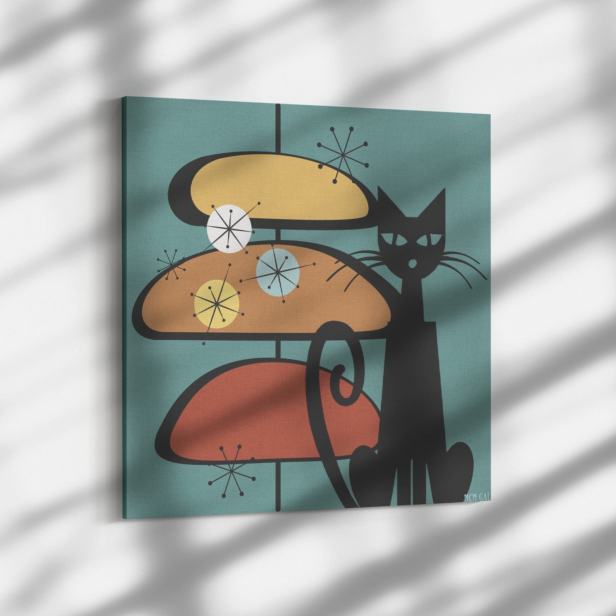 Mid Century Wall Art, Atomic Cat, Teal, Starburst, Sputnik Retro Mod Decor Wall Art