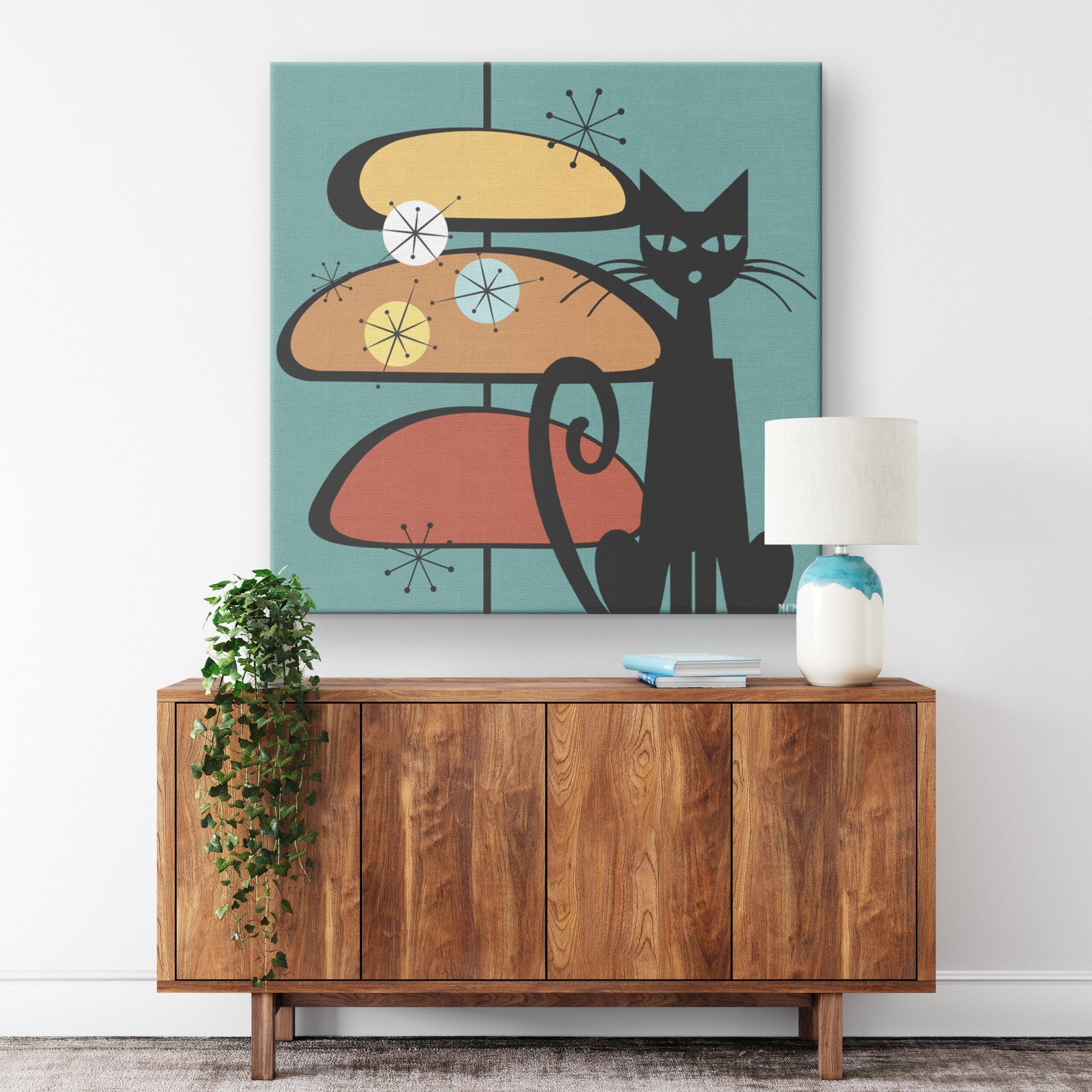 Mid Century Wall Art, Atomic Cat, Teal, Starburst, Sputnik Retro Mod Decor Wall Art