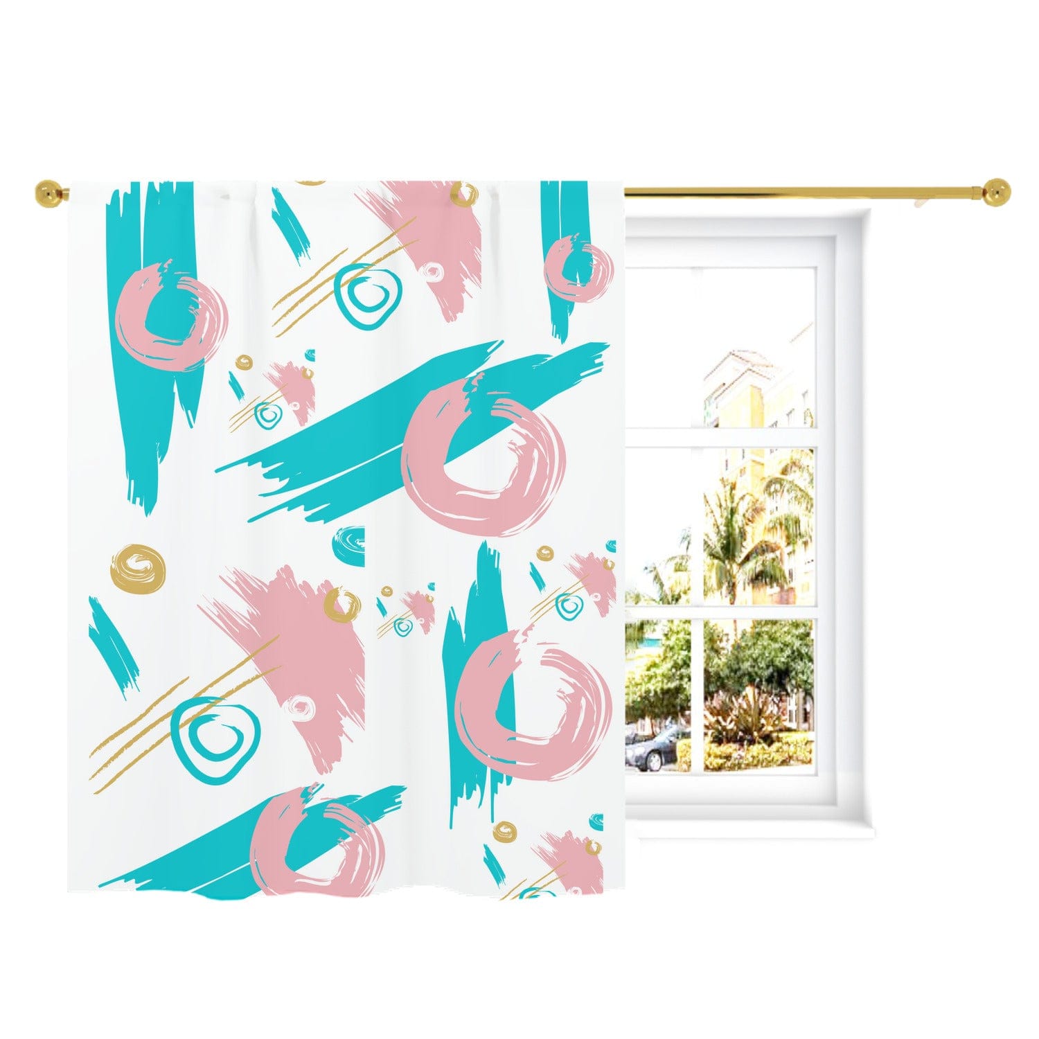 Mid Mod Abstract, Aqua, Pink, Gold, Paint Swatch Retro Curtain, Single Panel