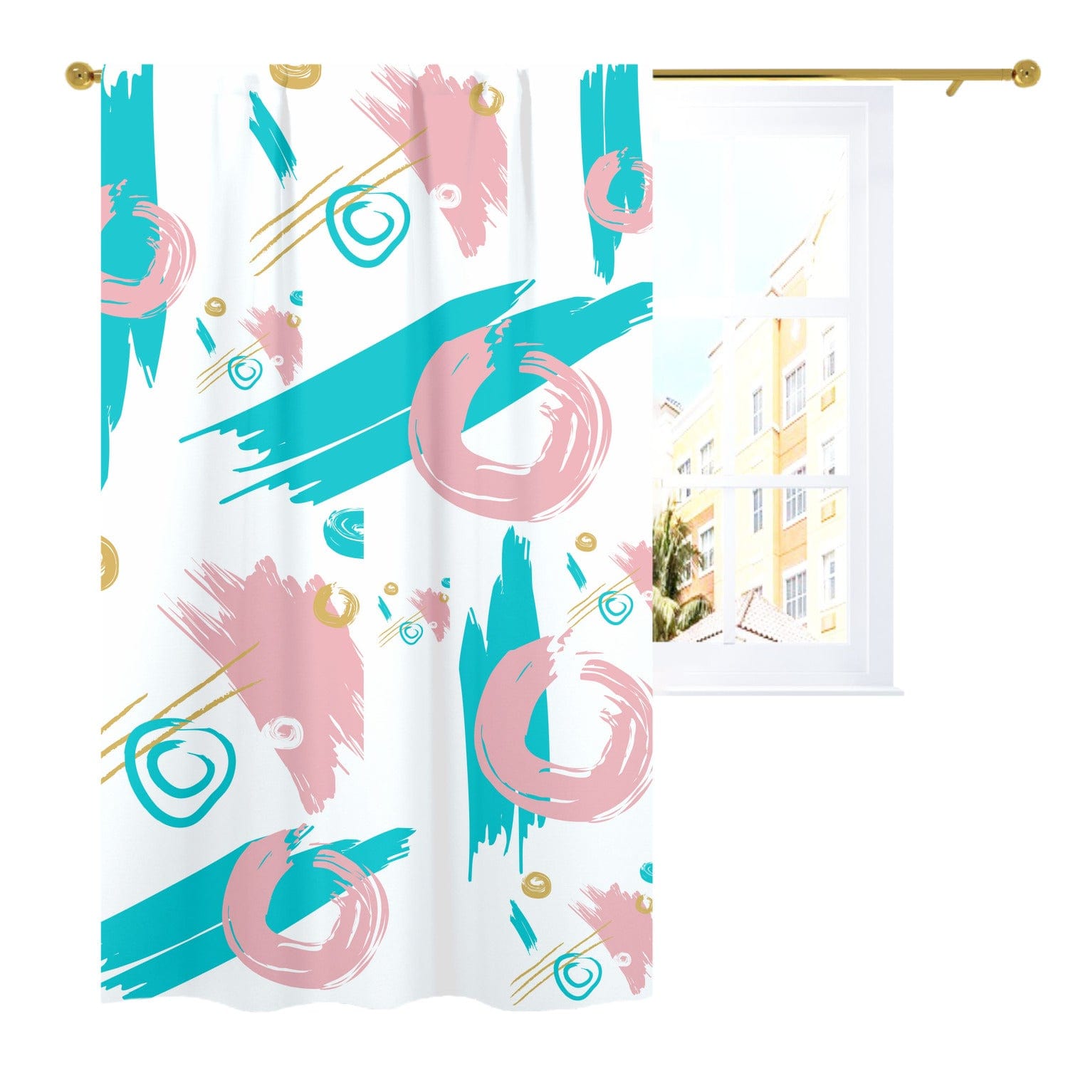 Mid Mod Abstract, Aqua, Pink, Gold, Paint Swatch Retro Curtain, Single Panel